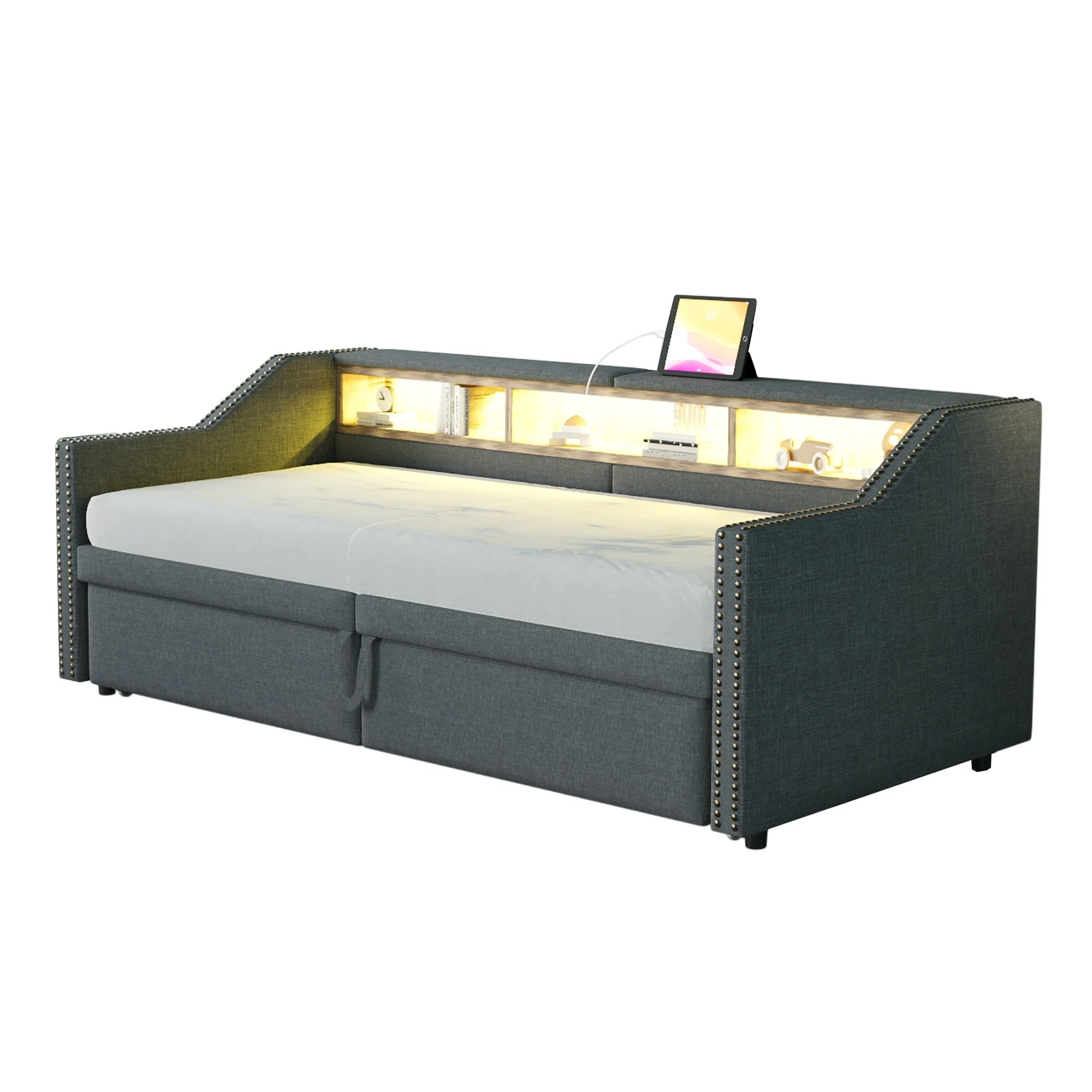Upholstered Bed, Pull-Out Sofa Bed with Storage, LED Light, USB Port, Slatted Frame, Dark Grey - Image 5
