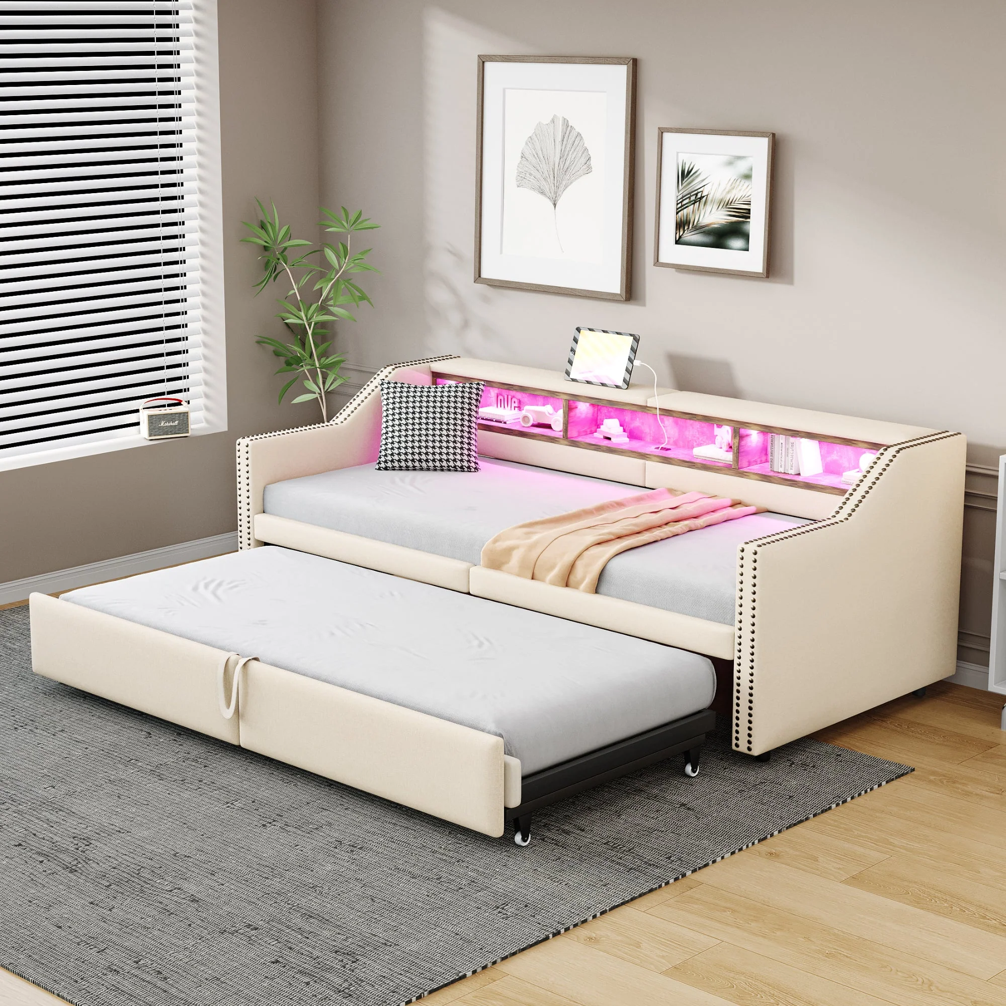 Upholstered Bed, Pull-Out Sofa Bed with Storage, LED & USB, Beige - Image 3