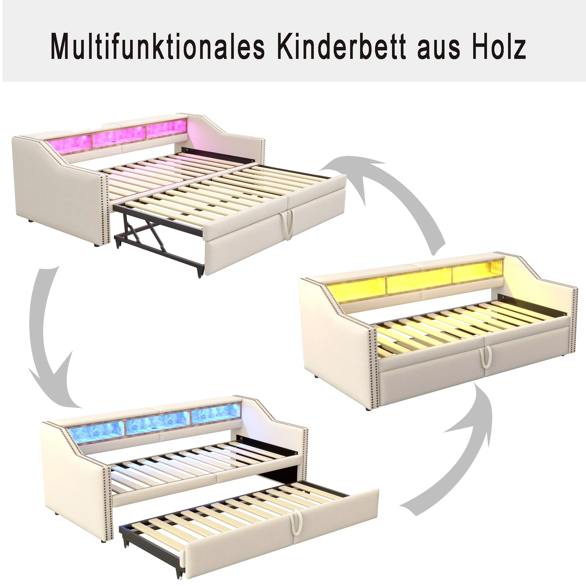 Upholstered Bed, Pull-Out Sofa Bed with Storage, LED & USB, Beige - Image 6