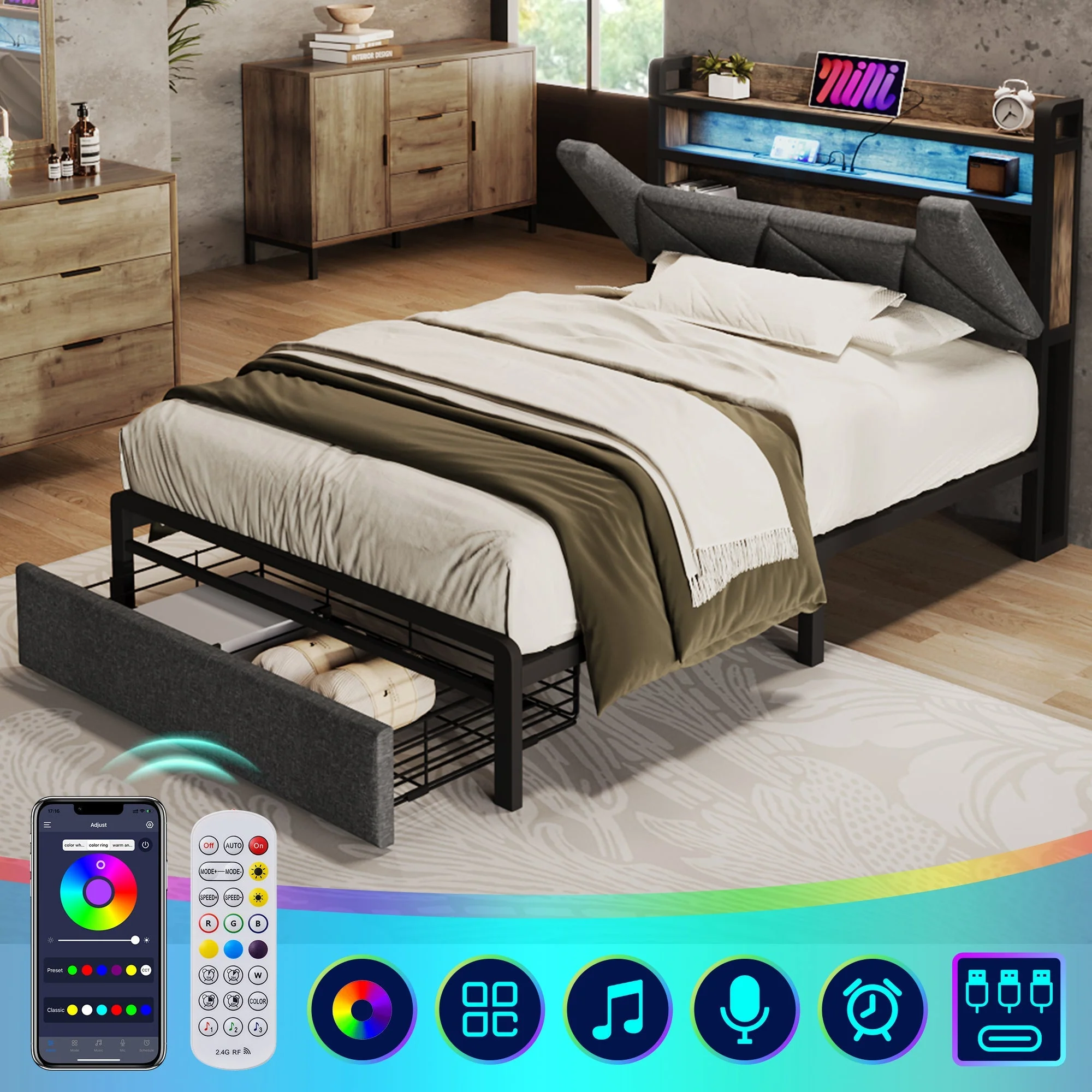 Upholstered Bed Single 90x200cm, Storage Headboard, LED, USB-C, Metal Frame, Grey - Image 6