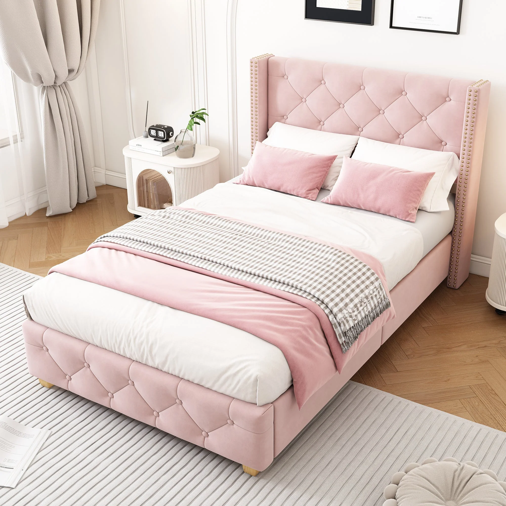 Pink Velvet Upholstered 3ft Single Bed with Slatted Frame - Image 2