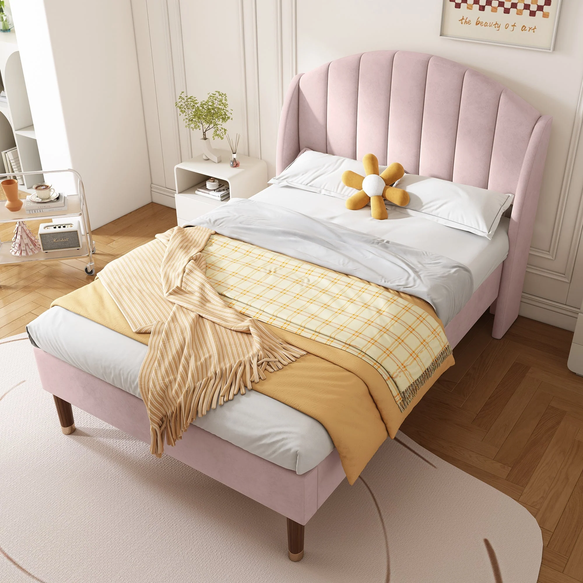 Pink Velvet Upholstered Single Bed with Padded Headboard & Slatted Frame (3ft / 90×190cm) - Image 2