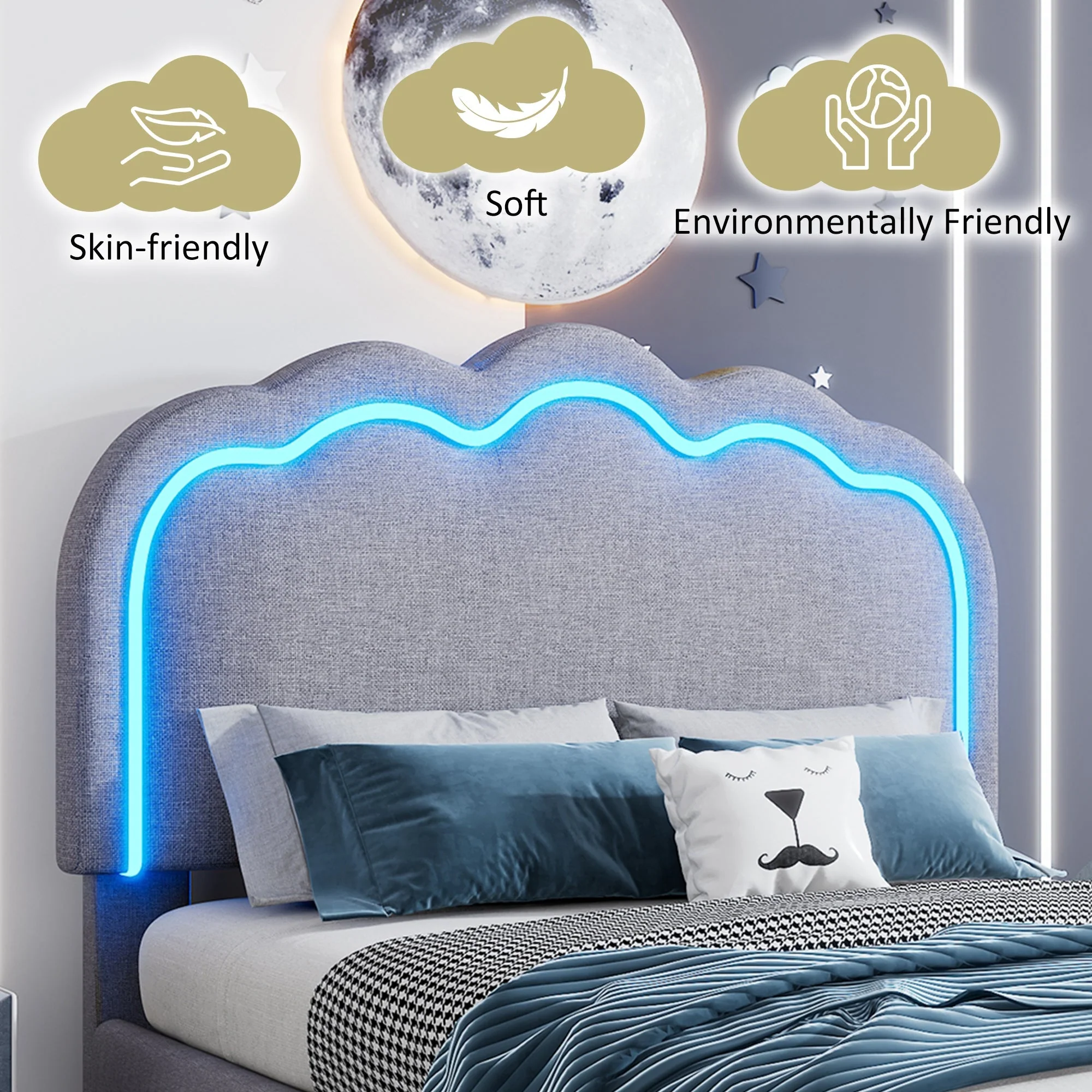 Upholstered Bed: Single Bed with LED & Adjustable Height Headboard, Grey Linen Material - Image 5