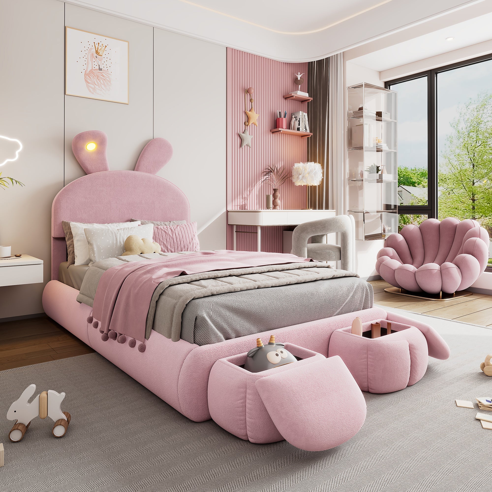 Upholstered Bed Single Bunny Ears LED Storage Stools Velvet Pink 90x200cm - Image 2