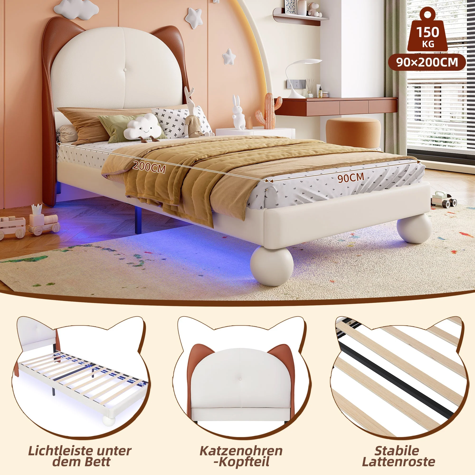 Upholstered Bed, Single/Children's, Cat-Ear Headboard, LED Light Strip, Beige + Yellow-Brown PU - Image 7