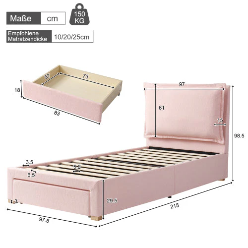 Upholstered Bed, Single/Children's Functional with Storage, Pink Chenille - Image 9