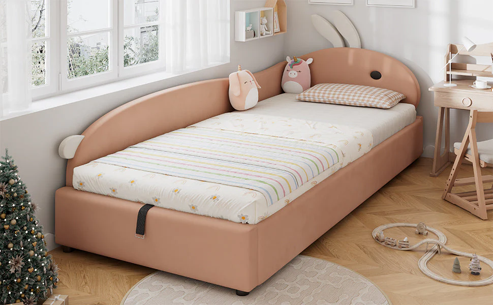 Upholstered Bed, Single Children's Hydraulic with Bunny Headboard, Velvet Pink+White - Image 10