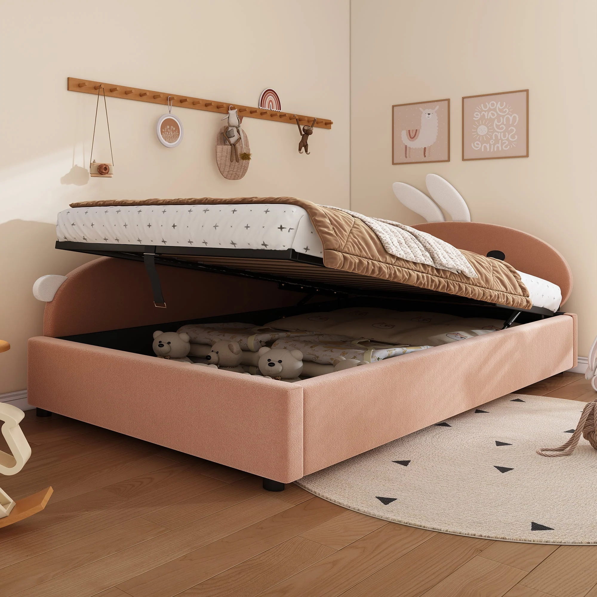 Upholstered Bed, Single Children's Hydraulic with Bunny Headboard, Velvet Pink+White - Image 2