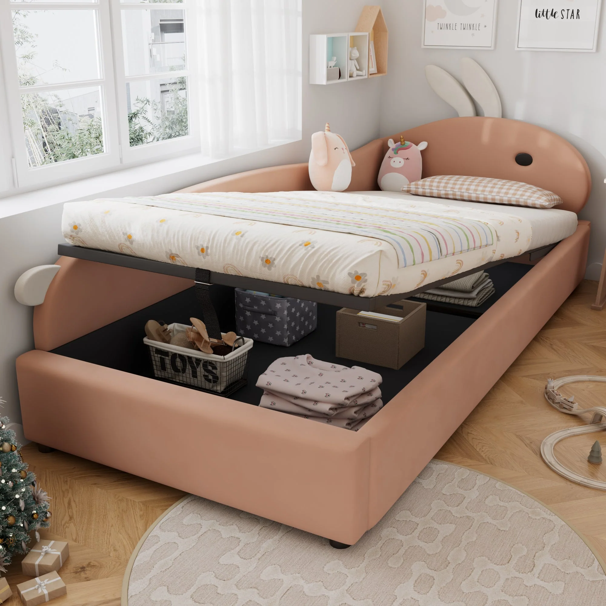 Upholstered Bed, Single Children's Hydraulic with Bunny Headboard, Velvet Pink+White - Image 4