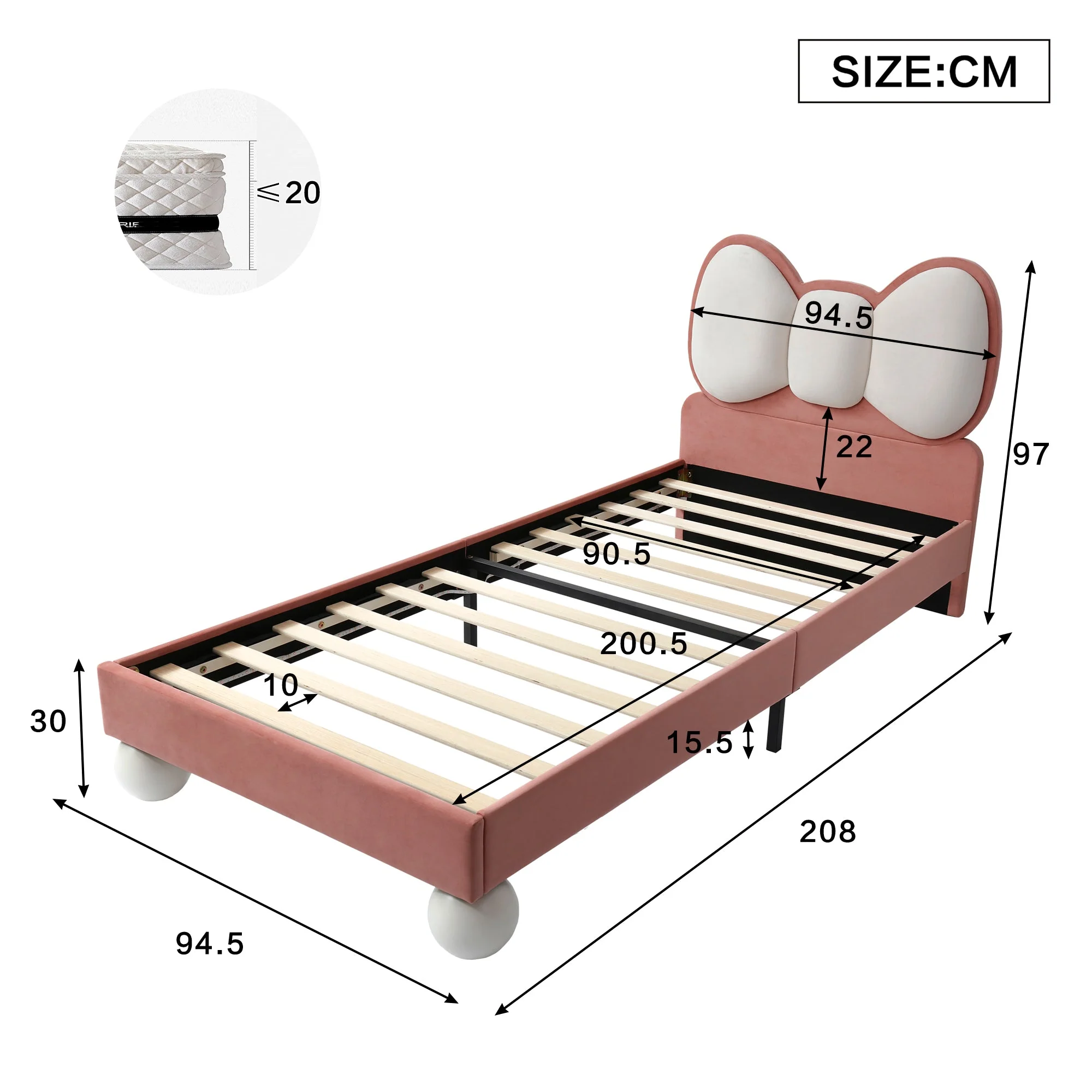 Upholstered Bed, Single Children's with Bow-Tie Headboard & LED Light, Velvet Beige + Pink - Image 6