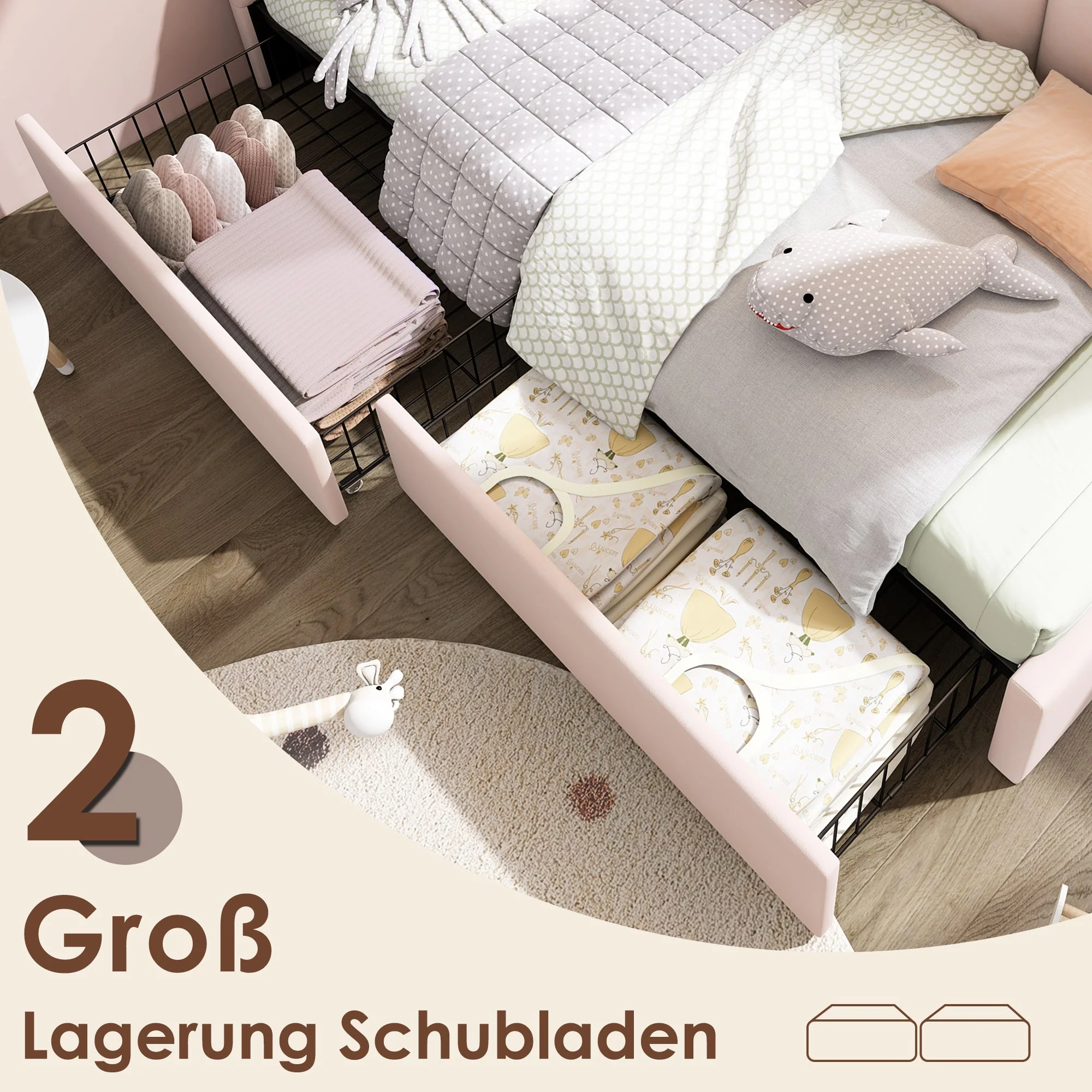 Upholstered Bed, Single with Drawers, Daybed, 90x190cm, Pink Velvet - Image 4