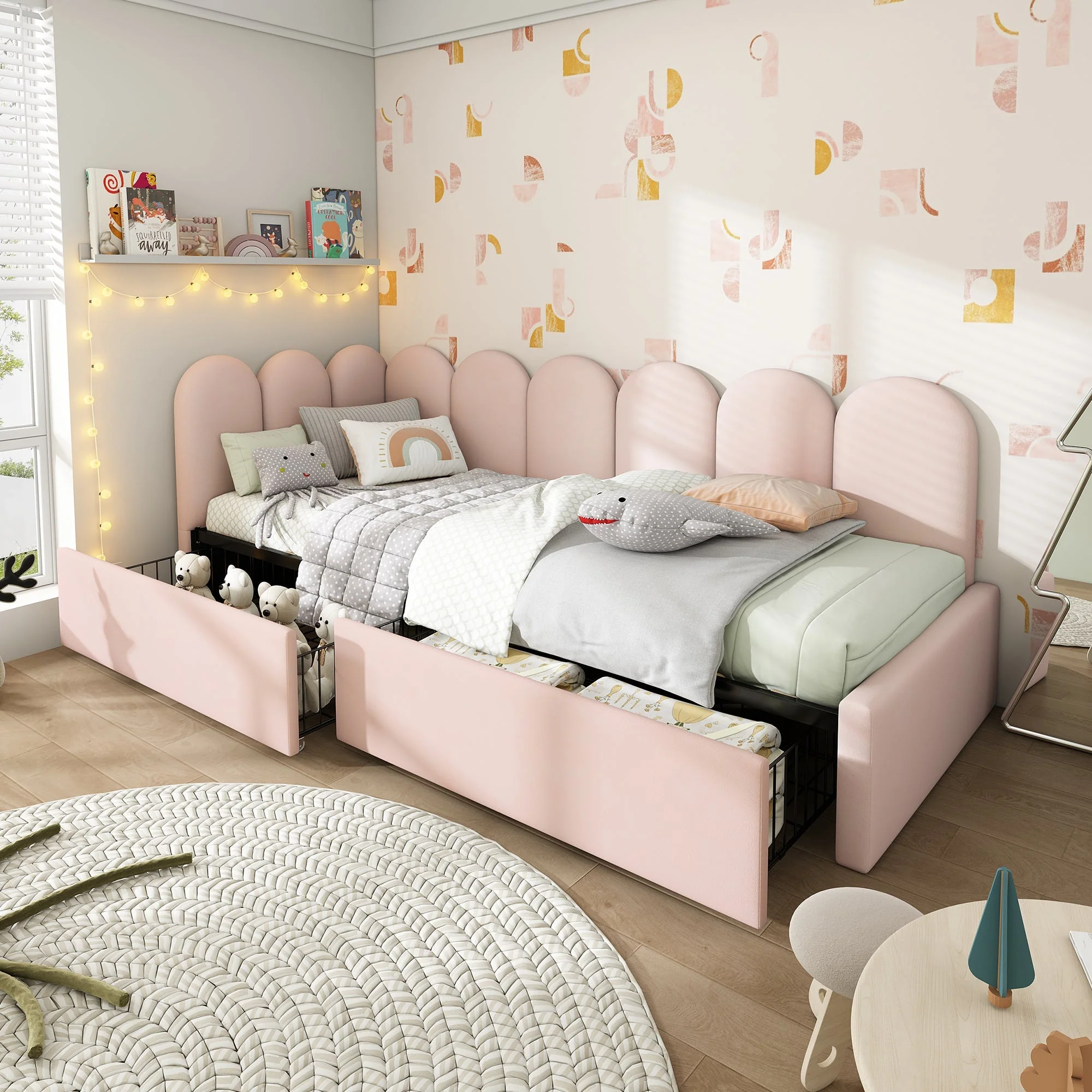 Upholstered Bed, Single with Drawers, Daybed, 90x190cm, Pink Velvet - Image 7