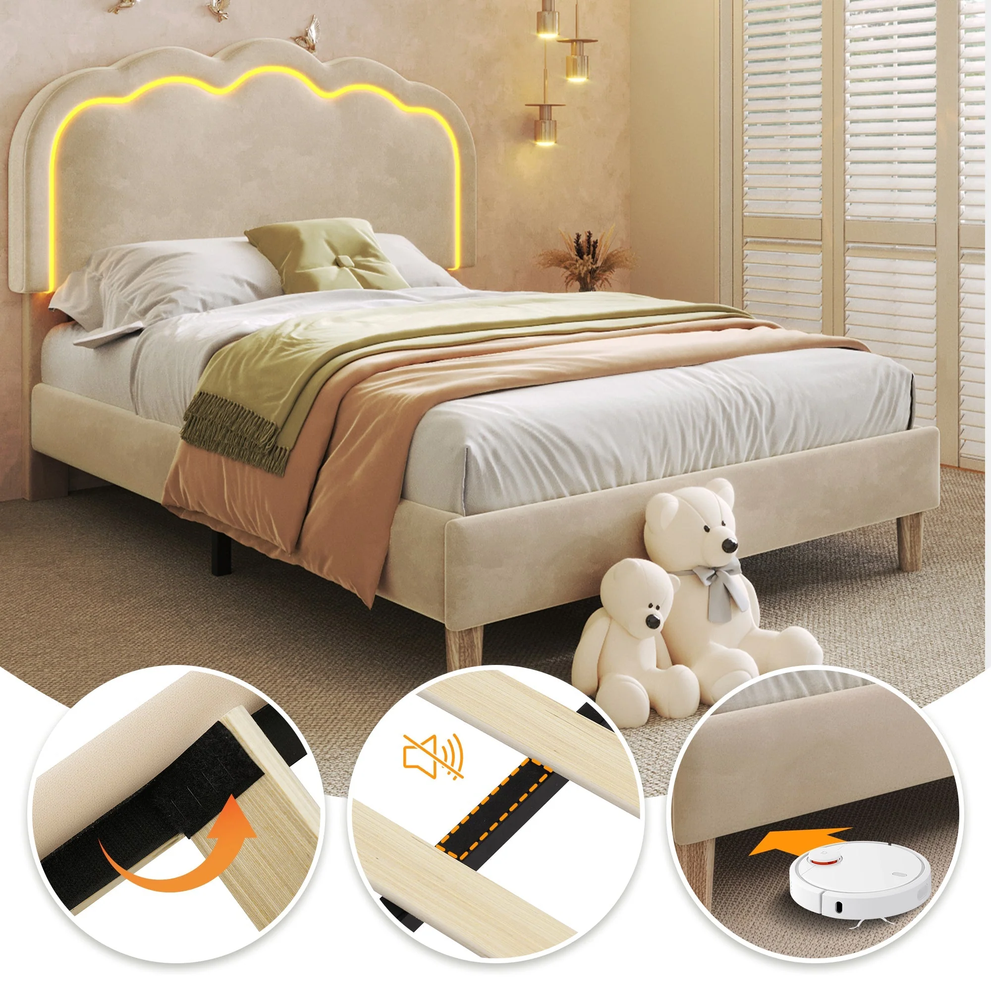 Upholstered Bed, Single with LED, Adjustable Height Headboard, Beige Velvet - Image 4