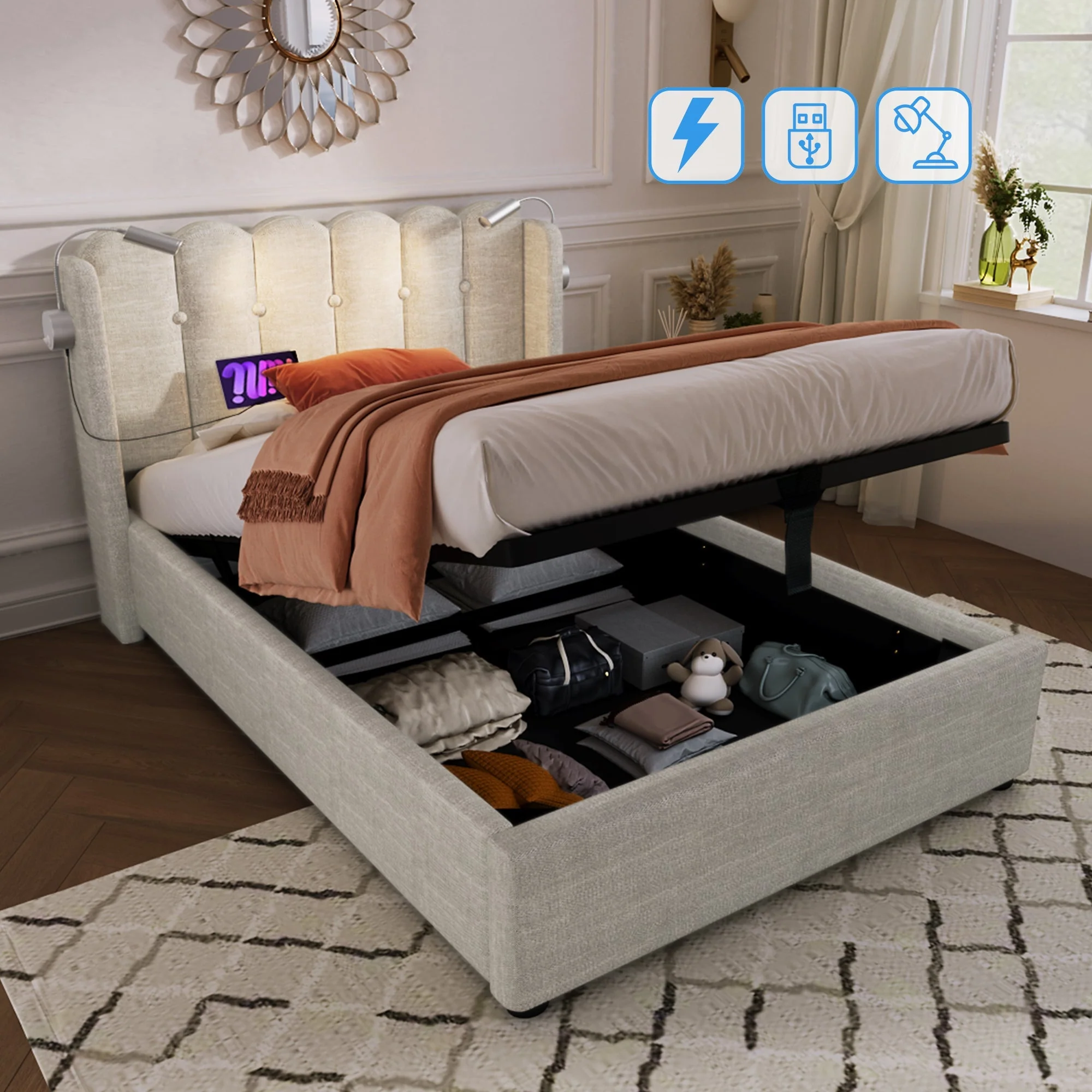 Upholstered Bed Single with Reading Light, Charging, Storage, 90x200, Natural Linen - Image 2
