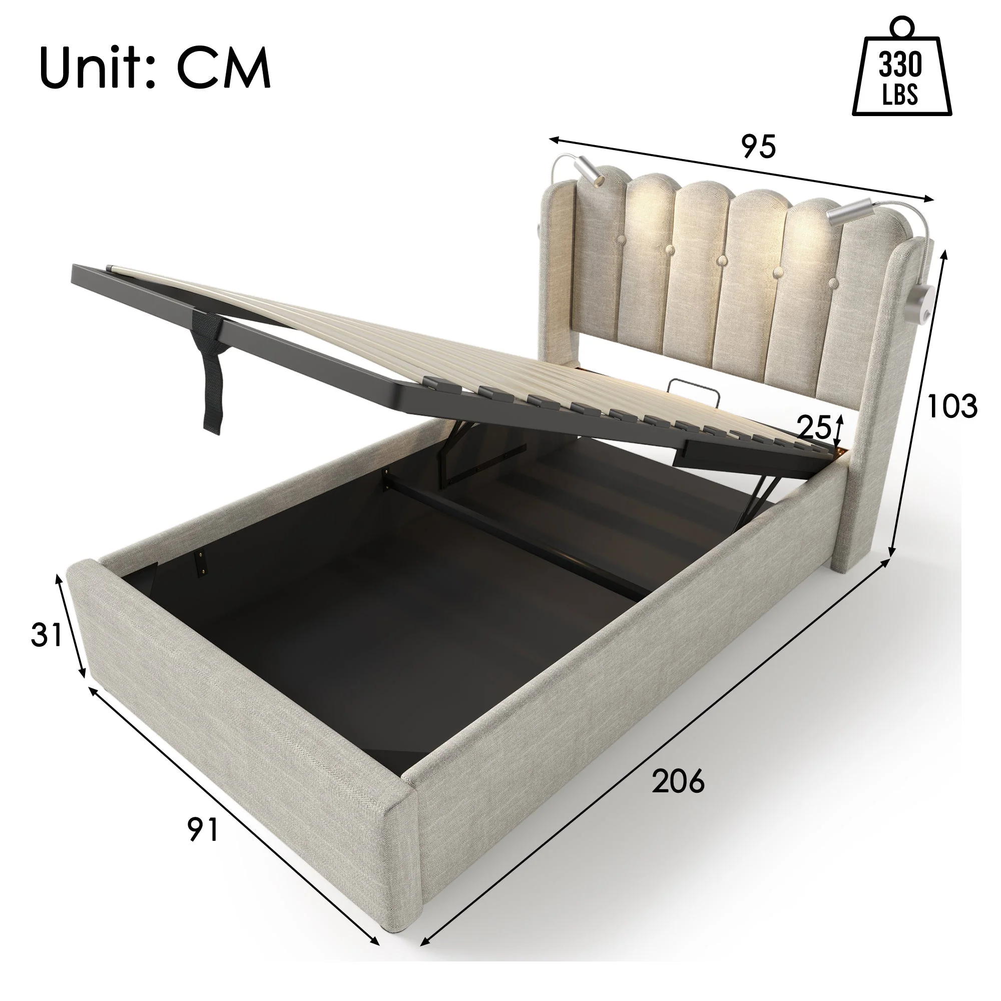 Upholstered Bed Single with Reading Light, Charging, Storage, 90x200, Natural Linen - Image 3