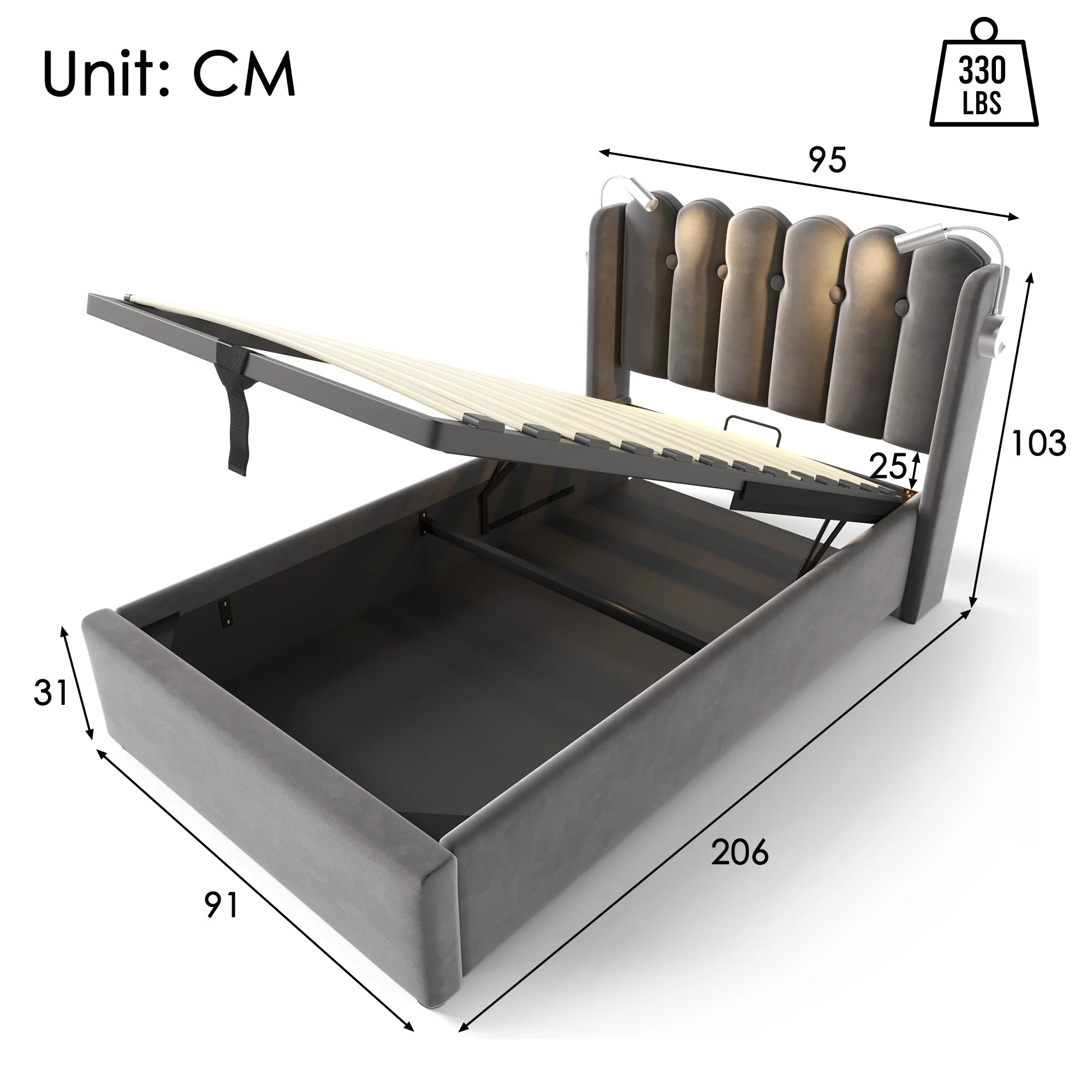 Upholstered Bed, Single with Reading Light, Charging & Storage Headboard, Velvet Gray - Image 4