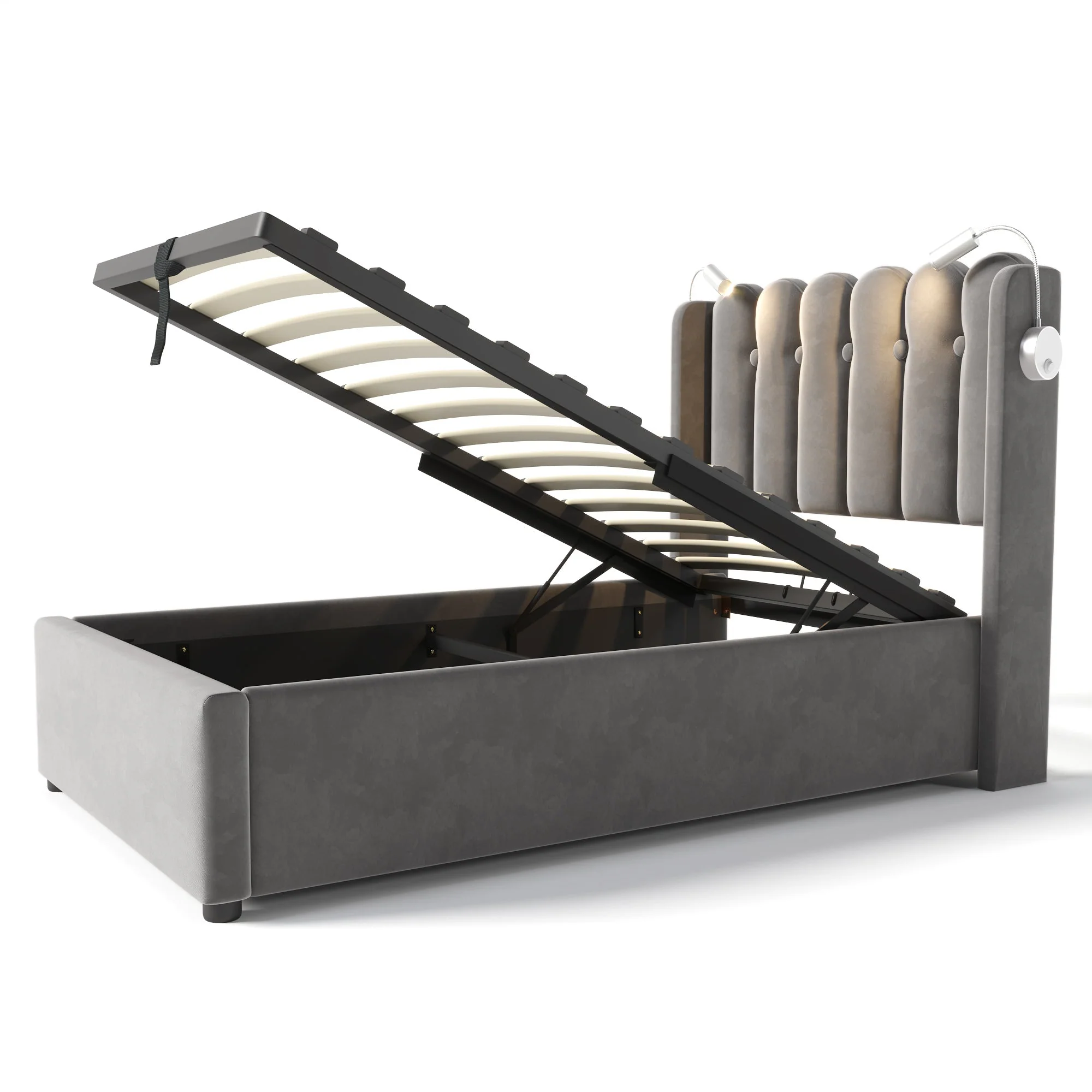 Upholstered Bed, Single with Reading Light, Charging & Storage Headboard, Velvet Gray - Image 7