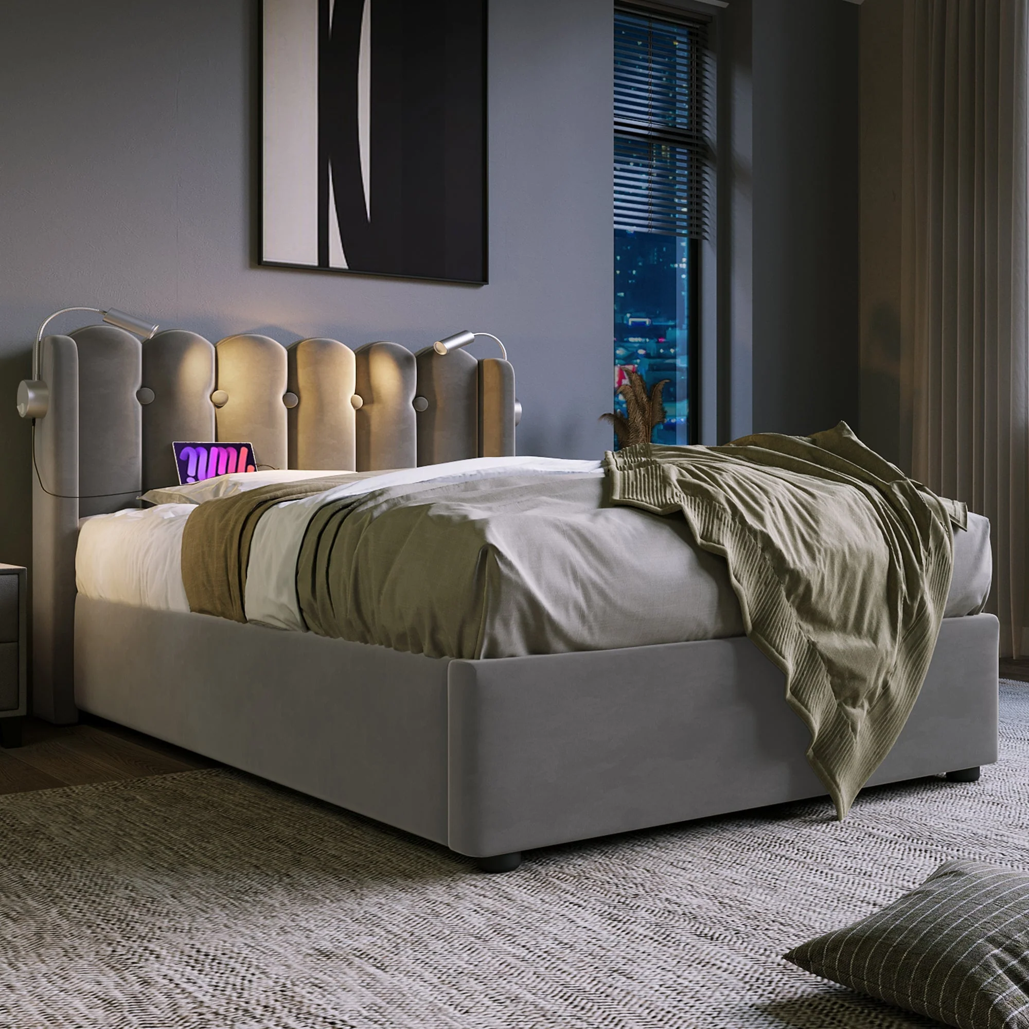 Upholstered Bed, Single with Reading Light, Charging & Storage Headboard, Velvet Gray - Image 9