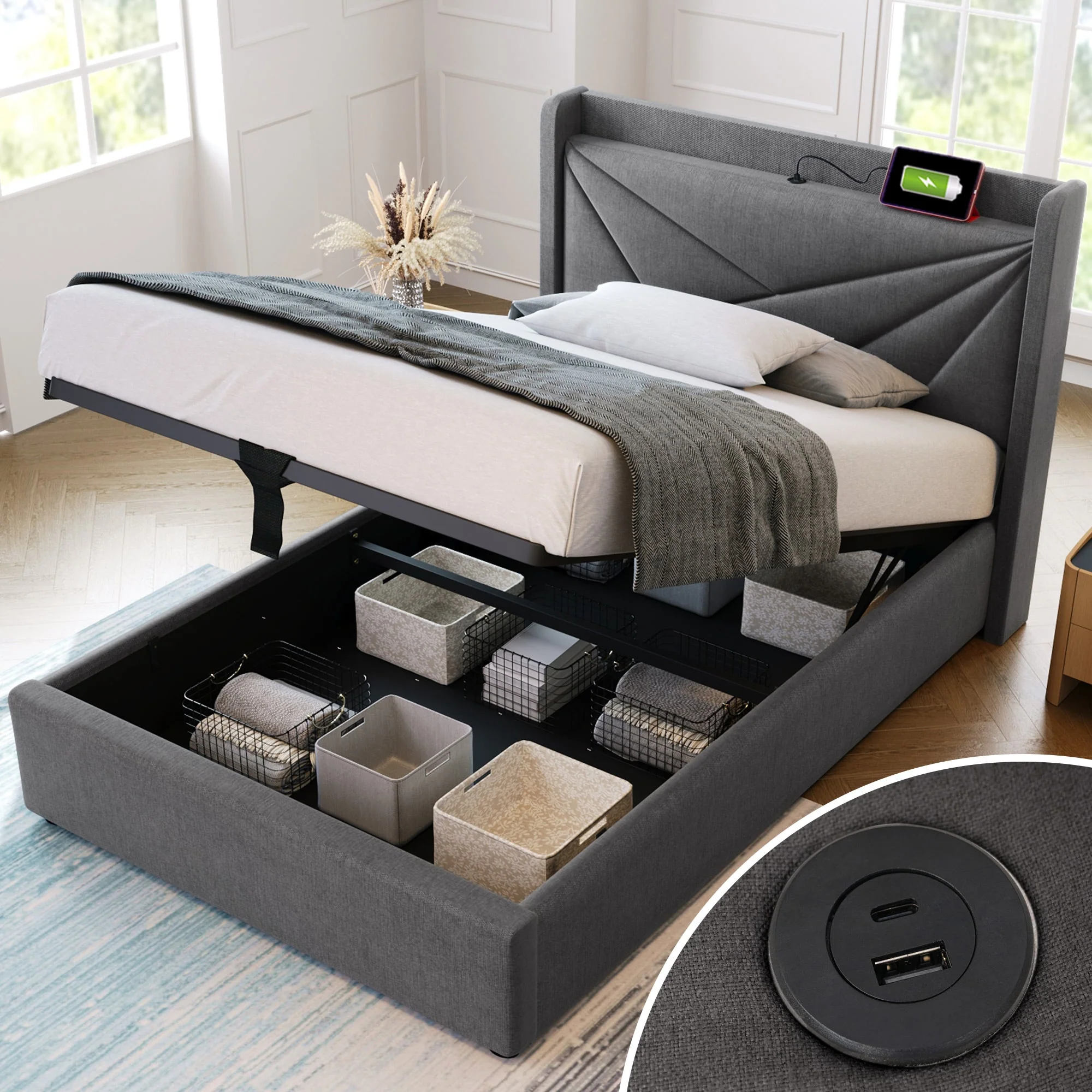 Upholstered Bed, Single with Storage & USB Headboard, Linen - Image 9