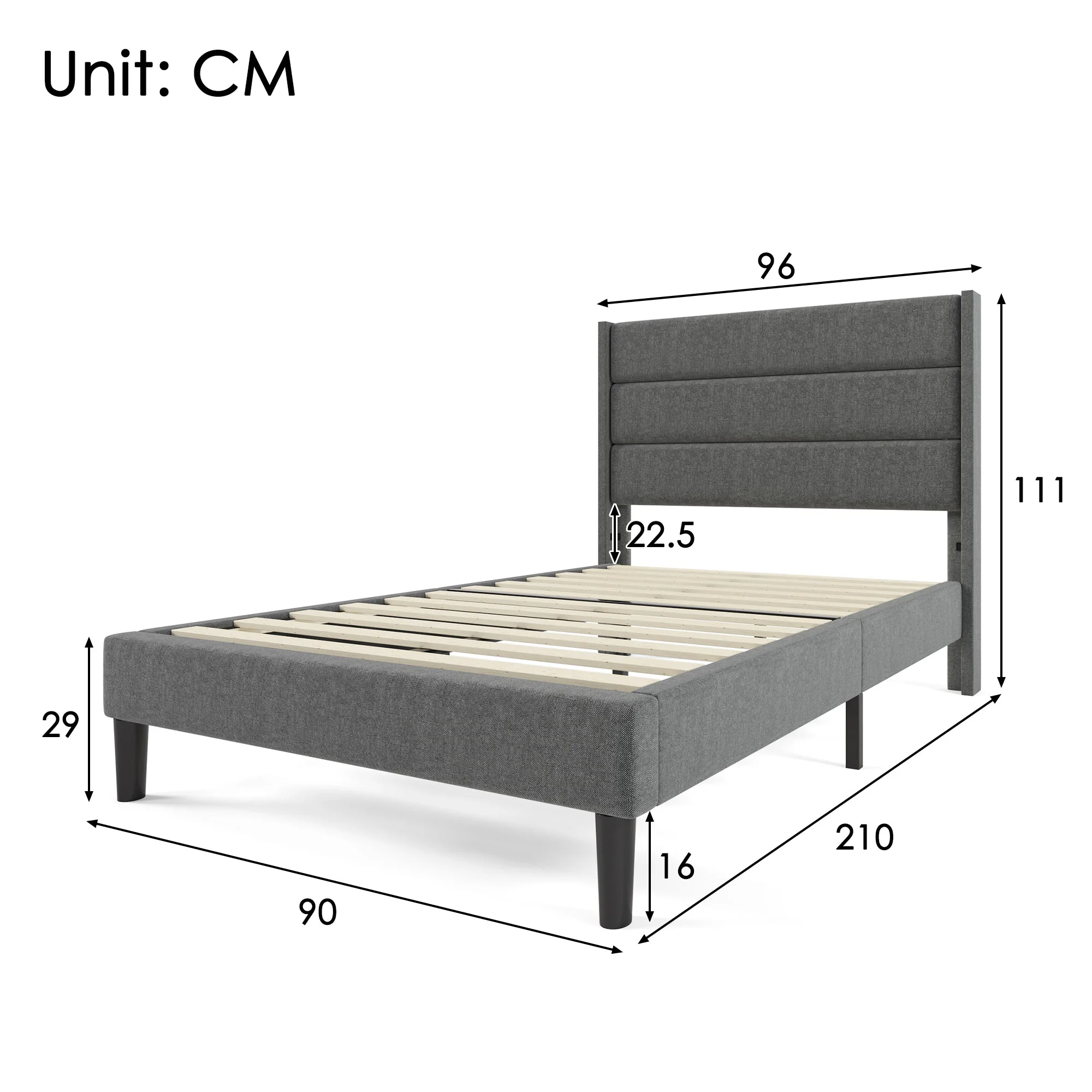 Upholstered Bed: Slatted Frame & Headboard, 90x200cm, Grey Linen - Image 3