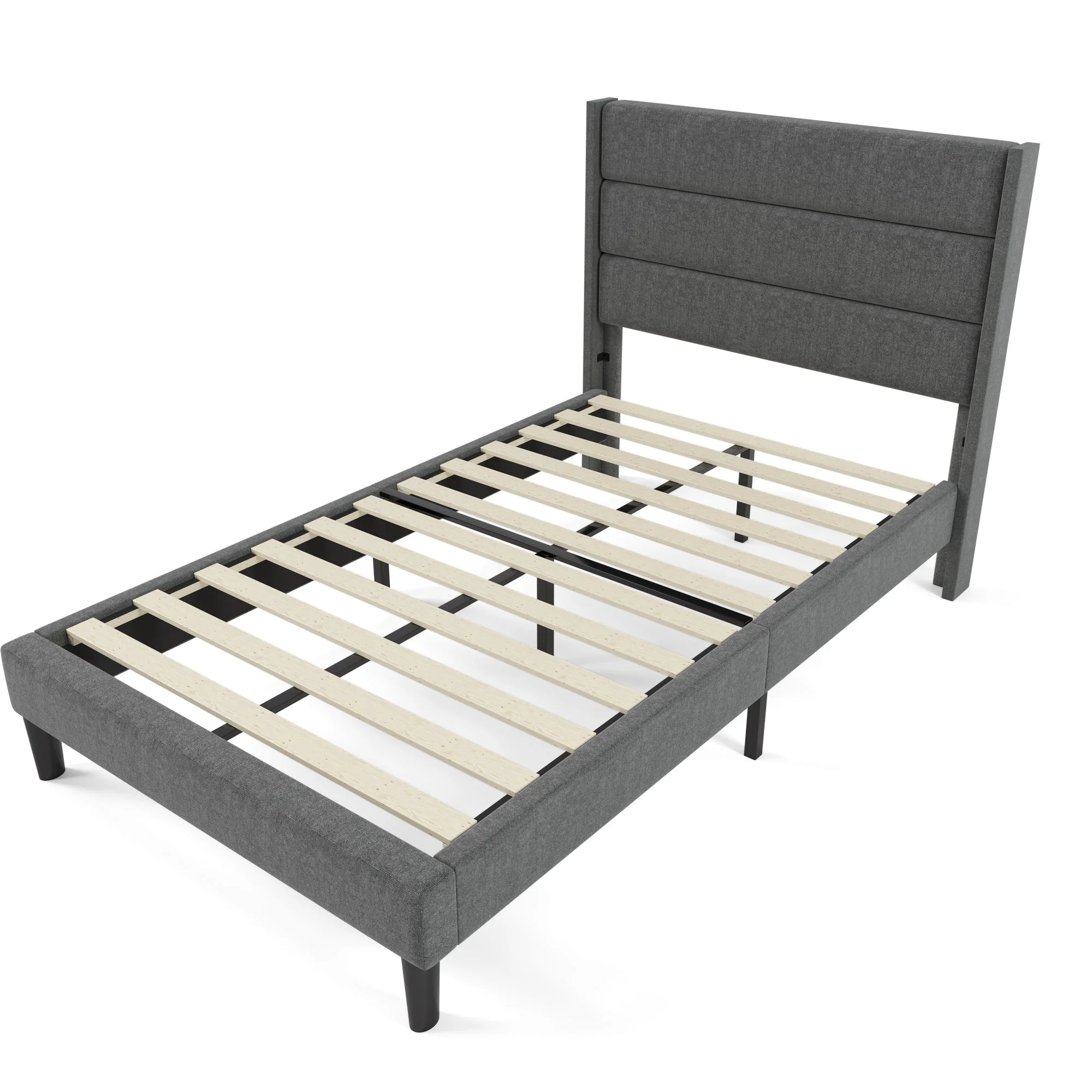 Upholstered Bed: Slatted Frame & Headboard, 90x200cm, Grey Linen - Image 4