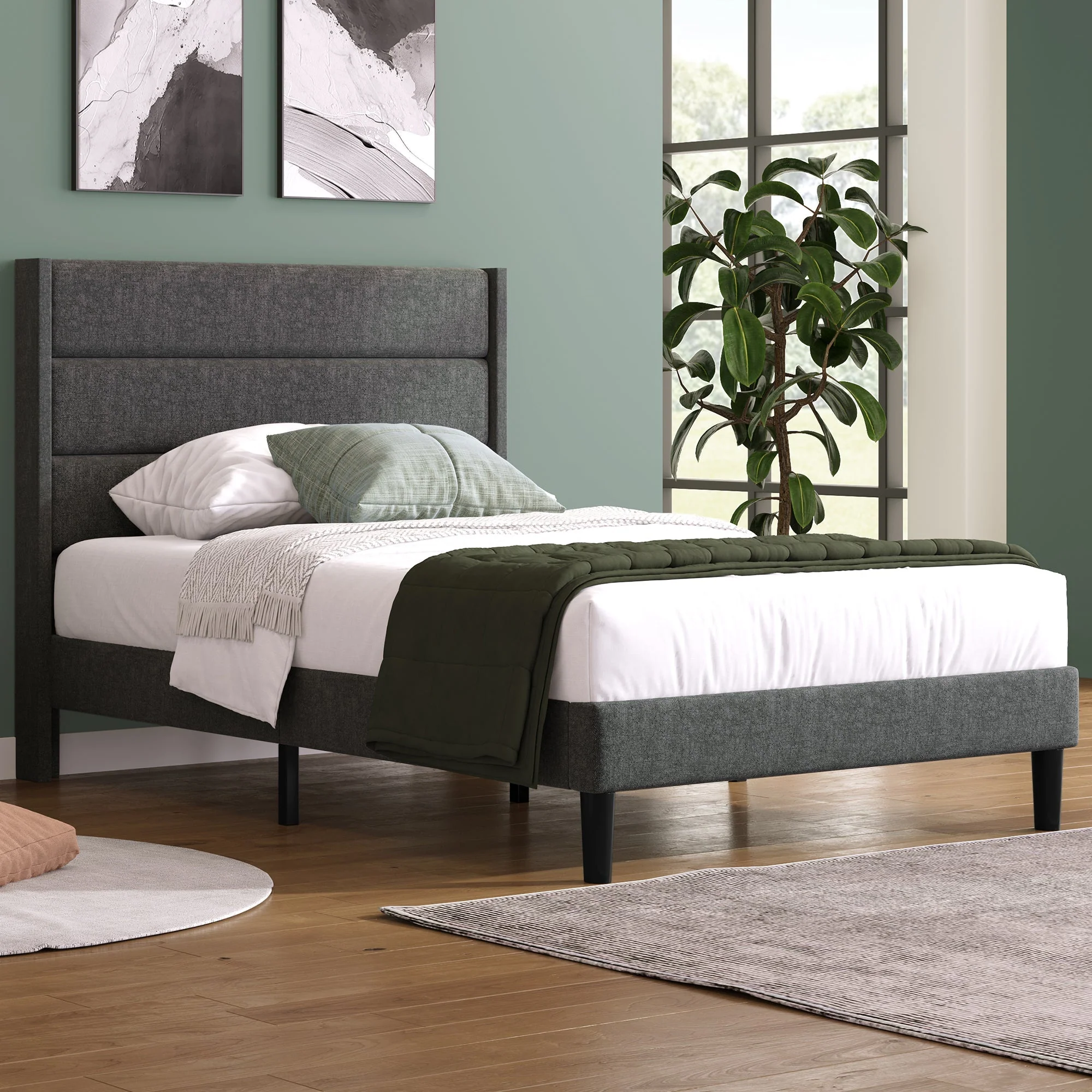 Upholstered Bed: Slatted Frame & Headboard, 90x200cm, Grey Linen - Image 5