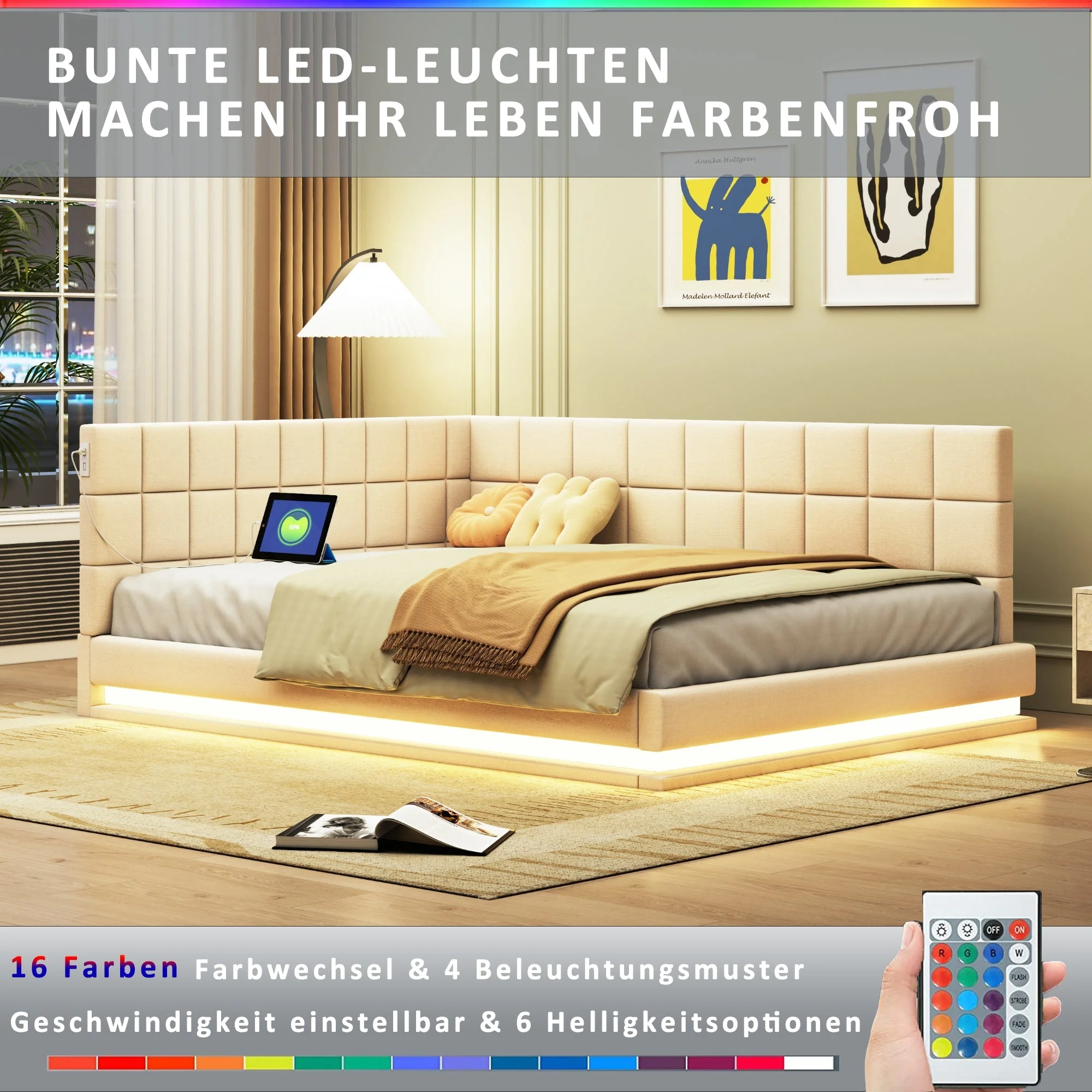 Upholstered Bed Sofa, 140x200 Multifunctional with LED & USB, Velvet Beige - Image 4