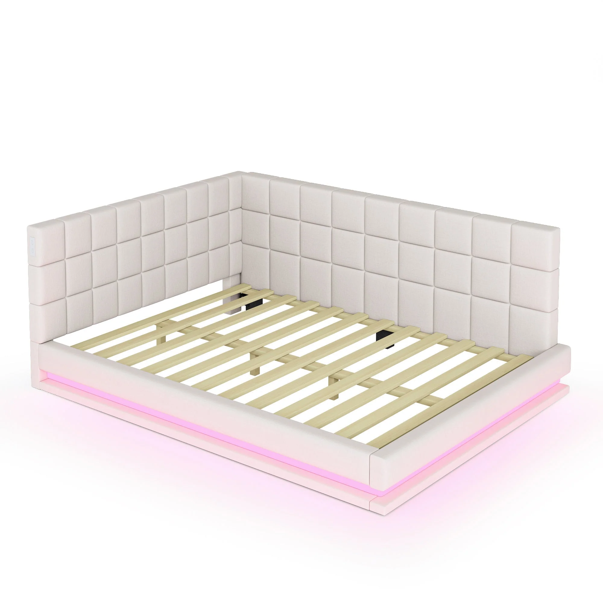 Upholstered Bed Sofa, 140x200 Multifunctional with LED & USB, Velvet Beige - Image 9