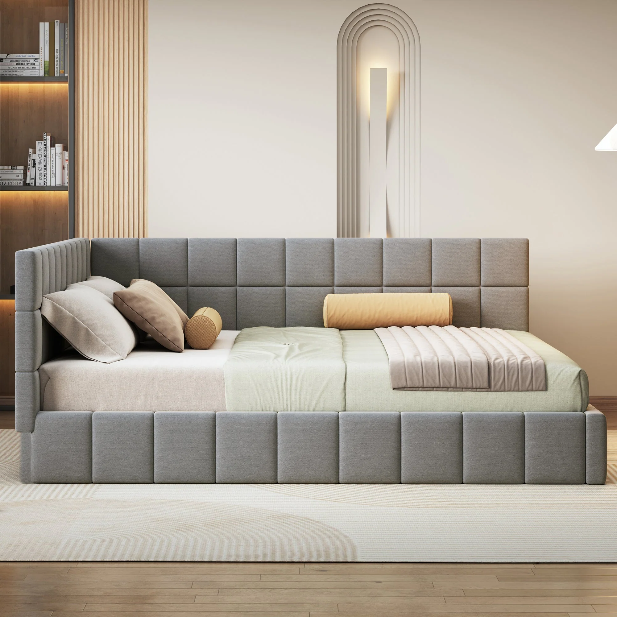 Upholstered Bed Sofa, 160*200 Multifunctional with Slatted Frame, Velvet Fabric Gray - Image 3
