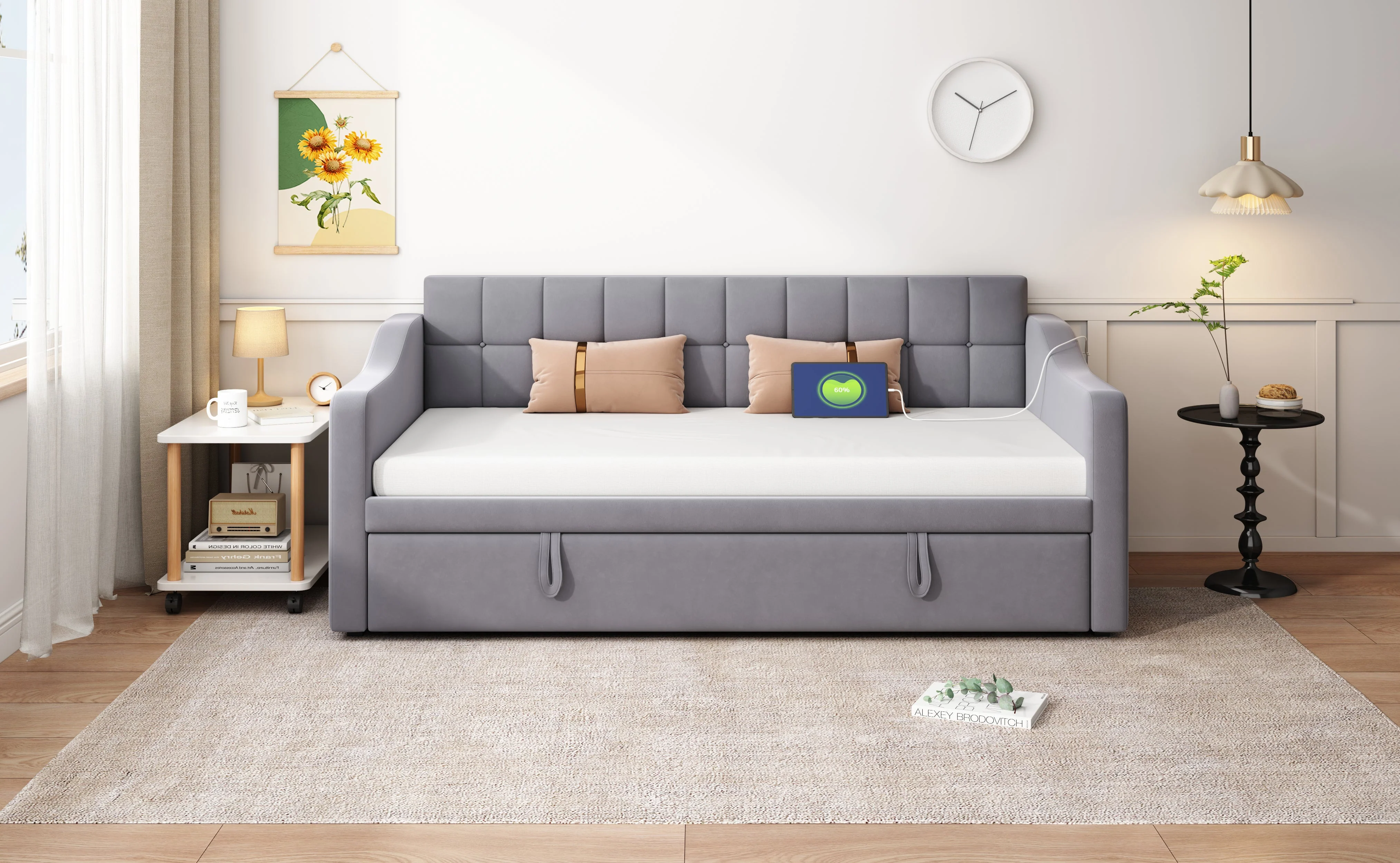 Upholstered Bed Sofa, 2-in-1 Multifunctional with Socket & Storage, Gray Velvet - Image 6