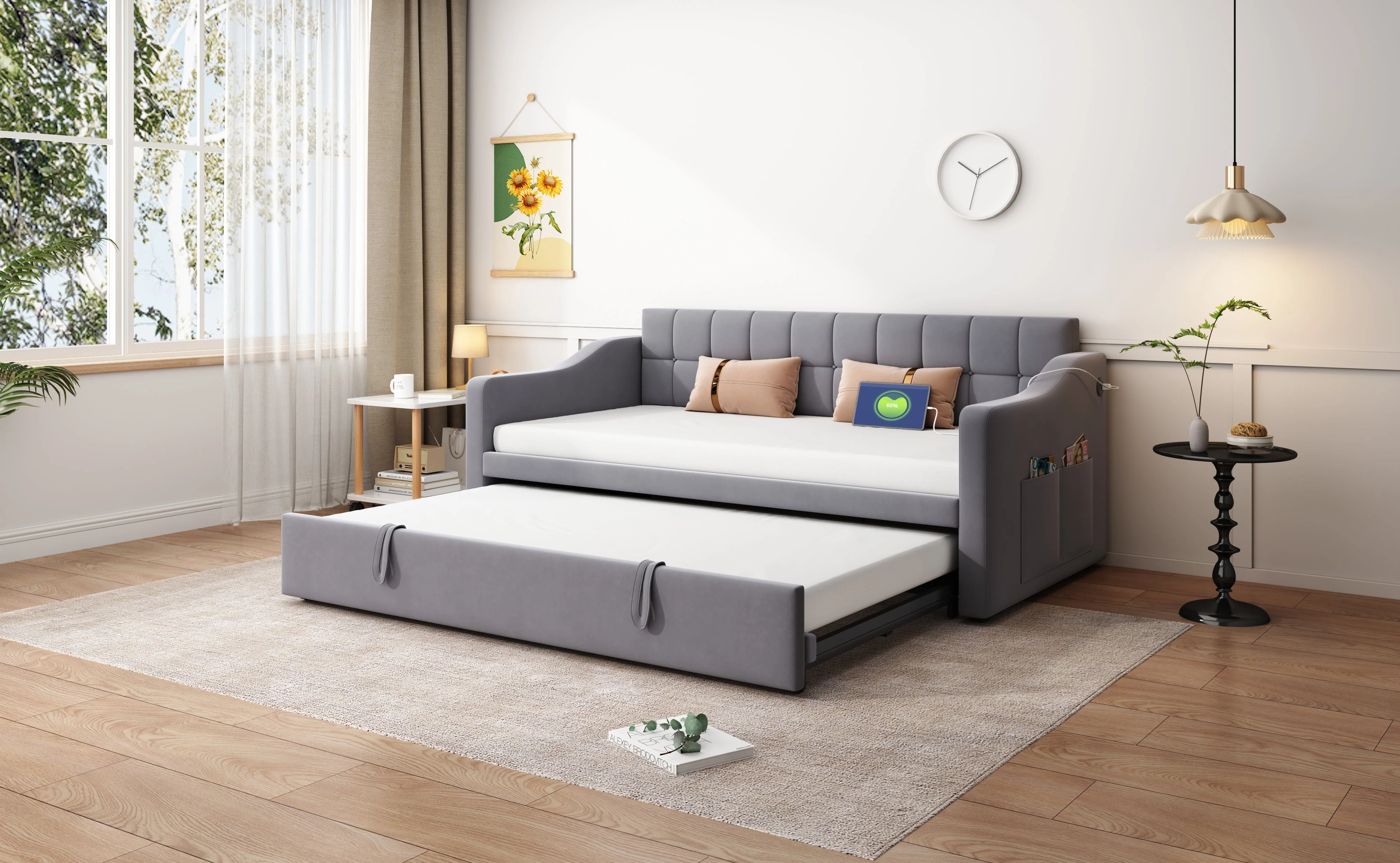 Upholstered Bed Sofa, 2-in-1 Multifunctional with Socket & Storage, Gray Velvet - Image 8