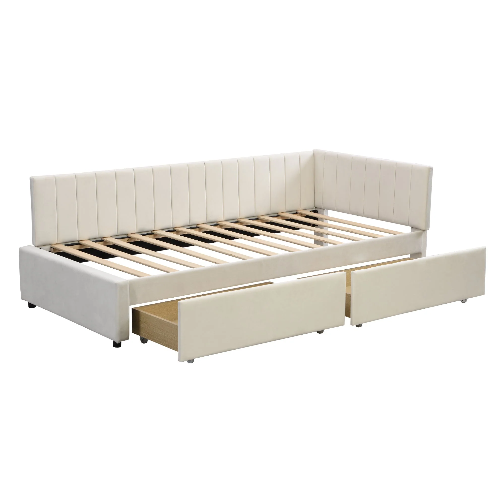 Upholstered Bed Sofa, 90x200 Multifunctional with 2 Drawers, Velvet Beige - Image 10