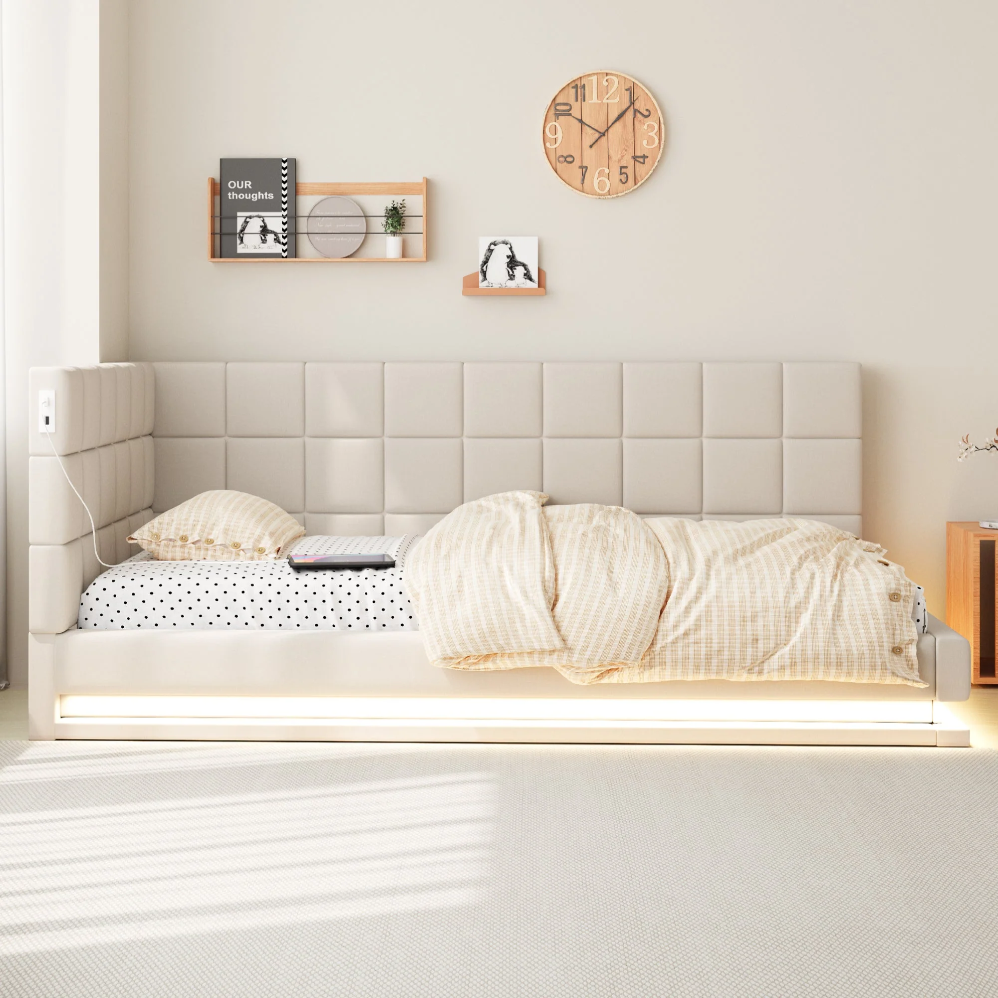 Upholstered Bed Sofa, 90x200 Multifunctional with LED & USB, Linen Fabric, Beige - Image 2