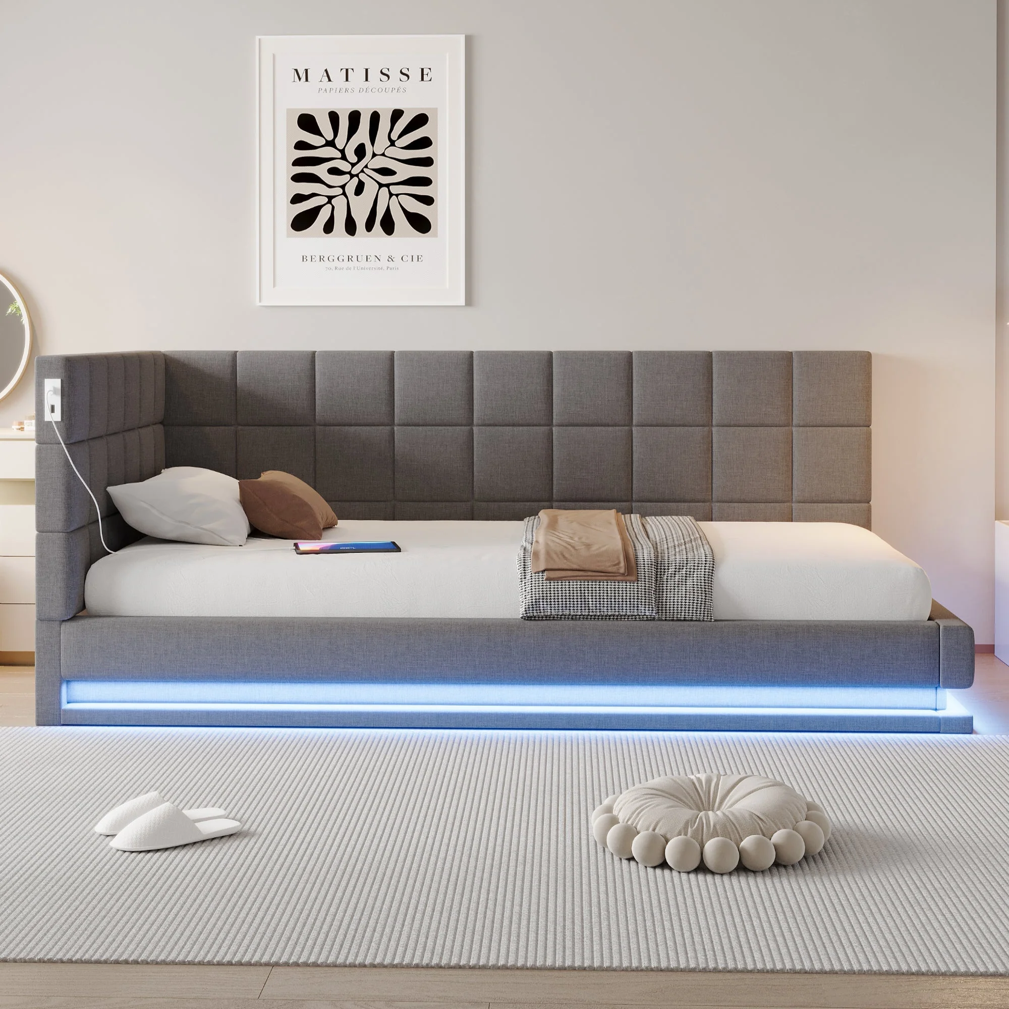 Upholstered Bed Sofa, 90x200 Multifunctional with LED & USB, Linen Fabric Grey - Image 3