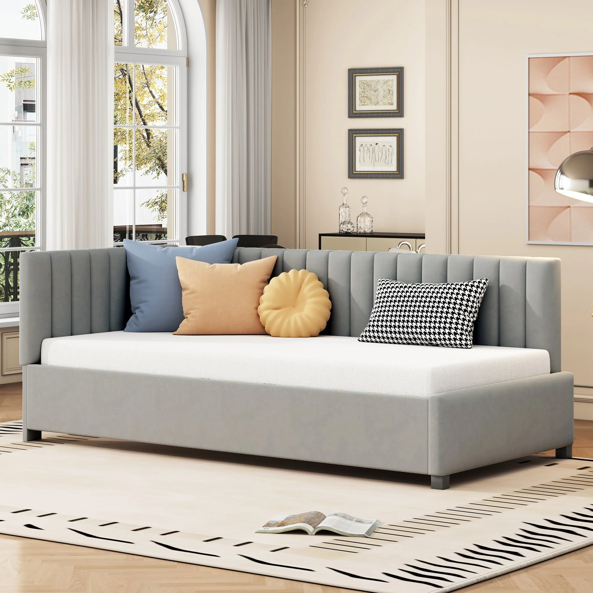 Upholstered Bed Sofa, 90x200 Multifunctional with Slatted Frame, Skin-Friendly Velvet Fabric Gray - Image 2
