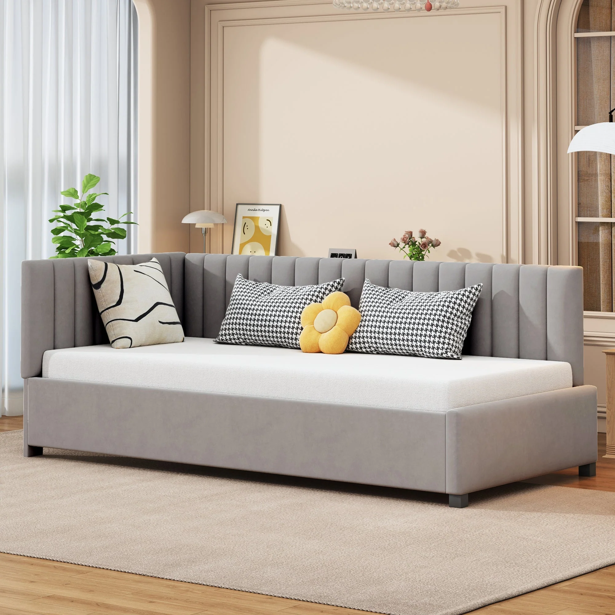 Upholstered Bed Sofa, 90x200 Multifunctional with Slatted Frame, Skin-Friendly Velvet Fabric Gray - Image 4