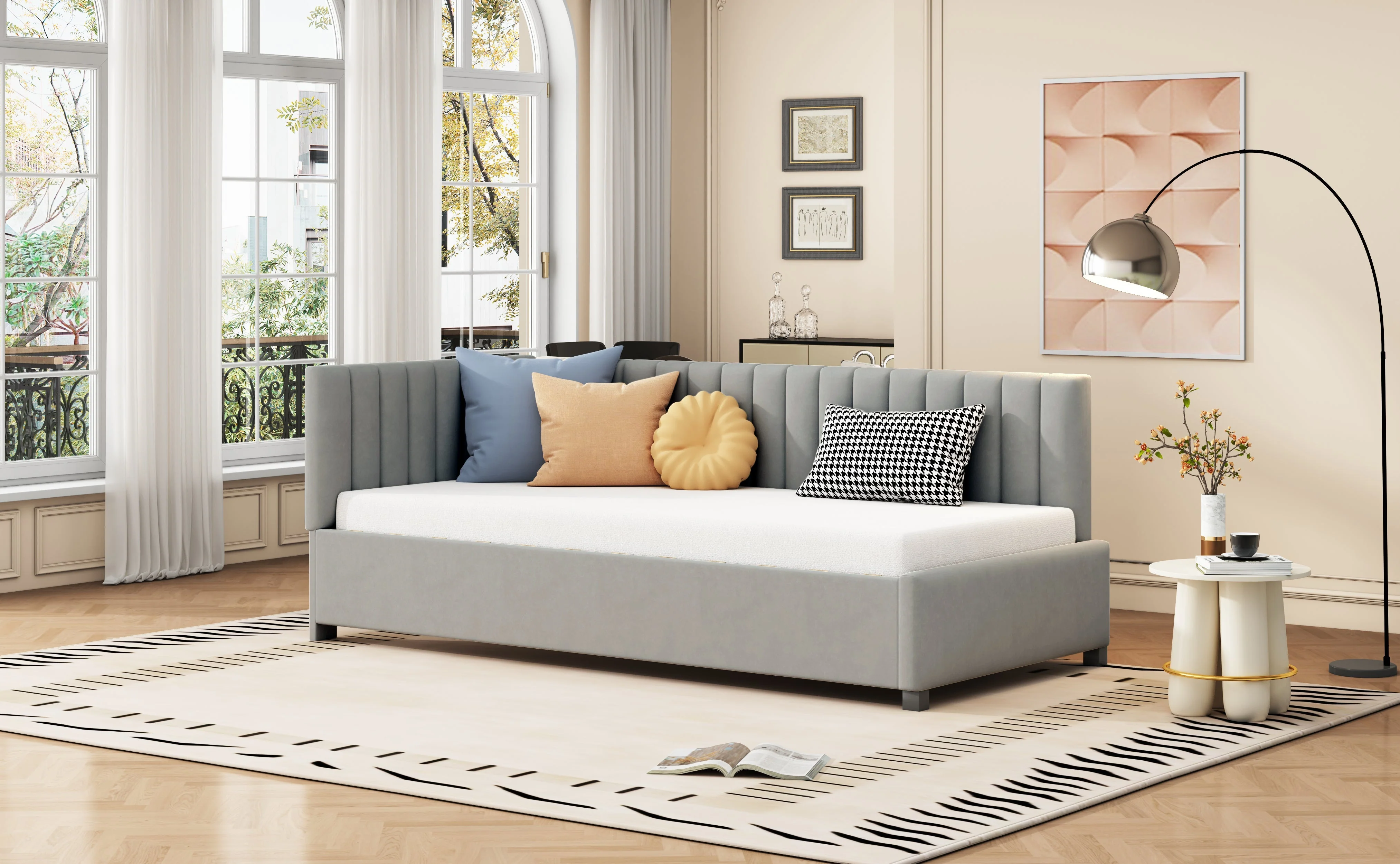 Upholstered Bed Sofa, 90x200 Multifunctional with Slatted Frame, Skin-Friendly Velvet Fabric Gray - Image 7