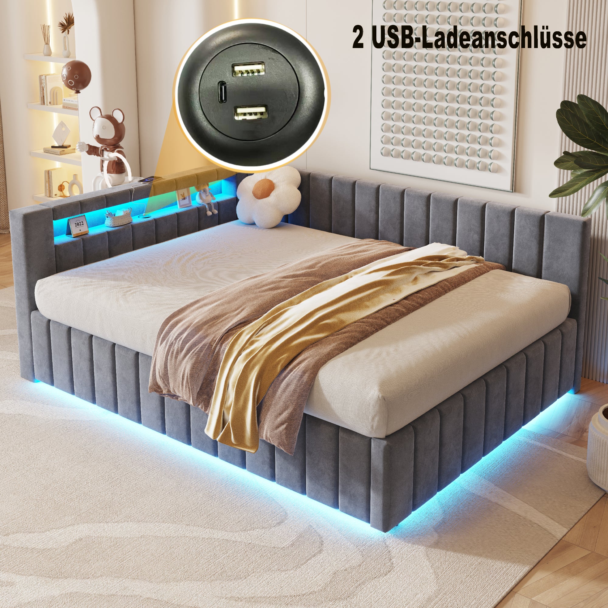 Upholstered Bed/Sofa Bed 140x200 Hydraulic Storage LED/USB Velvet Grey - Image 5
