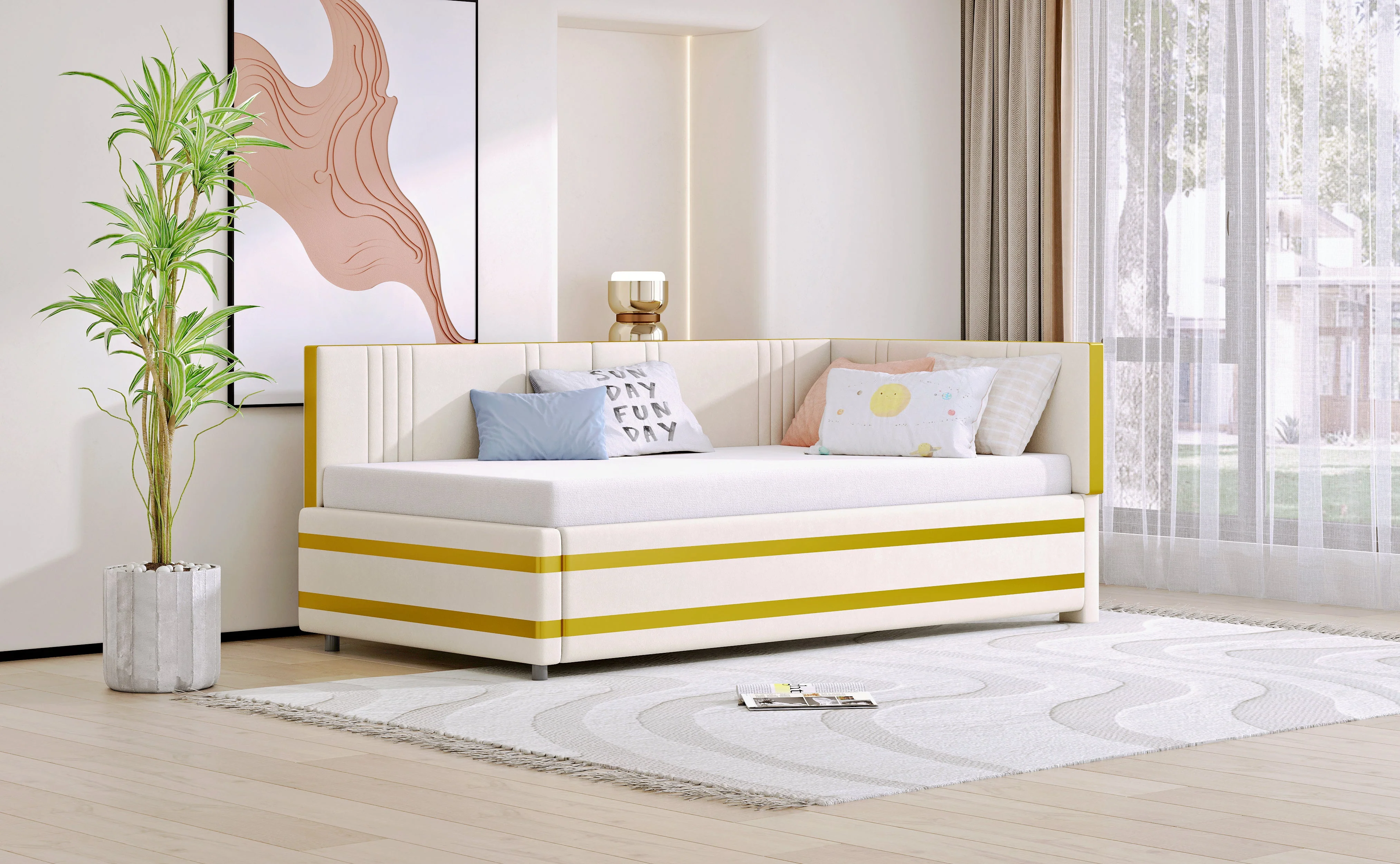 Upholstered Bed Sofa Bed 90*200 Multifunctional with Slatted Frame, Velvet Beige - Image 4