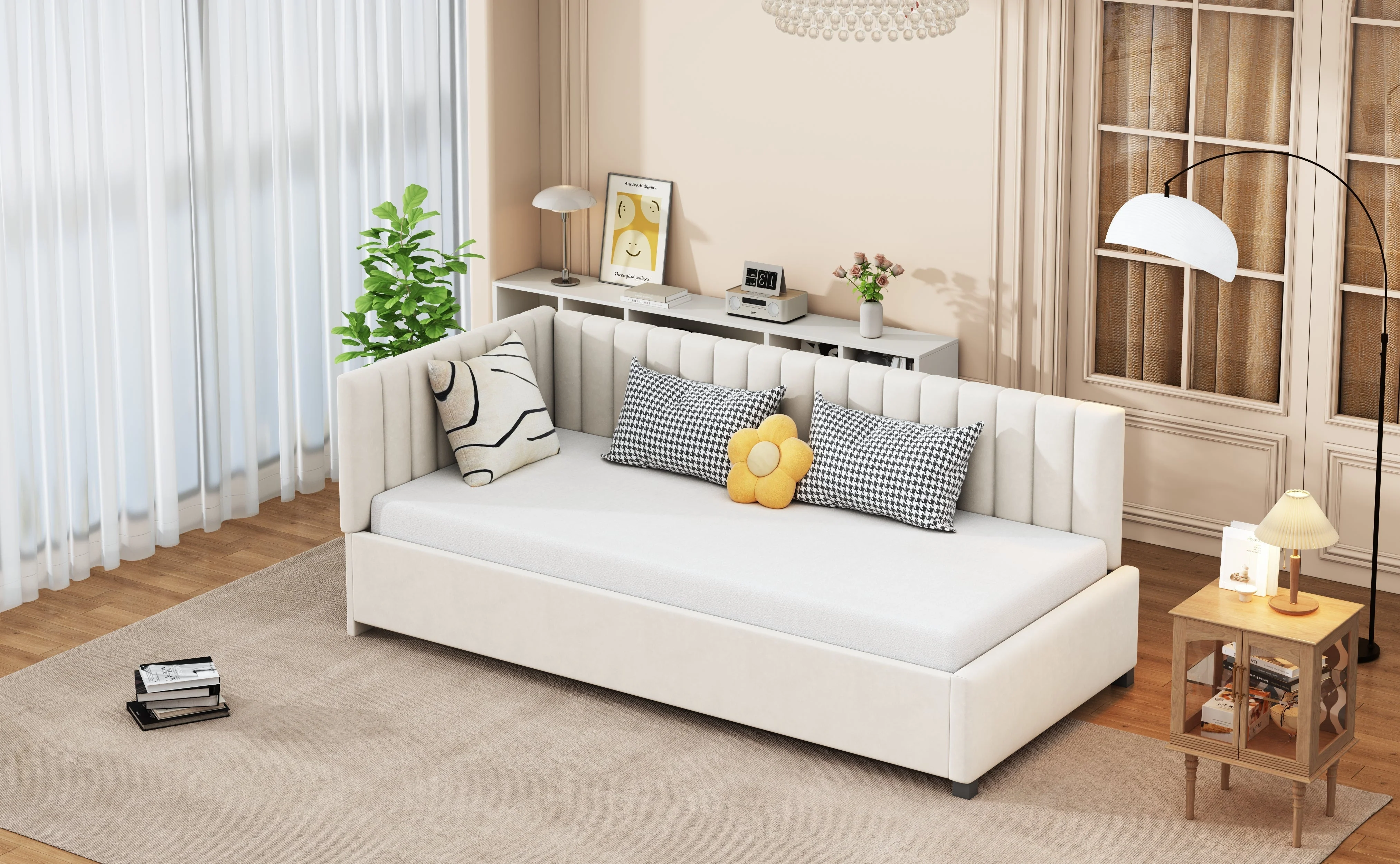 Upholstered Bed Sofa Bed, 90x200 Multifunctional with Slatted Frame, Beige Velvet Fabric - Image 10