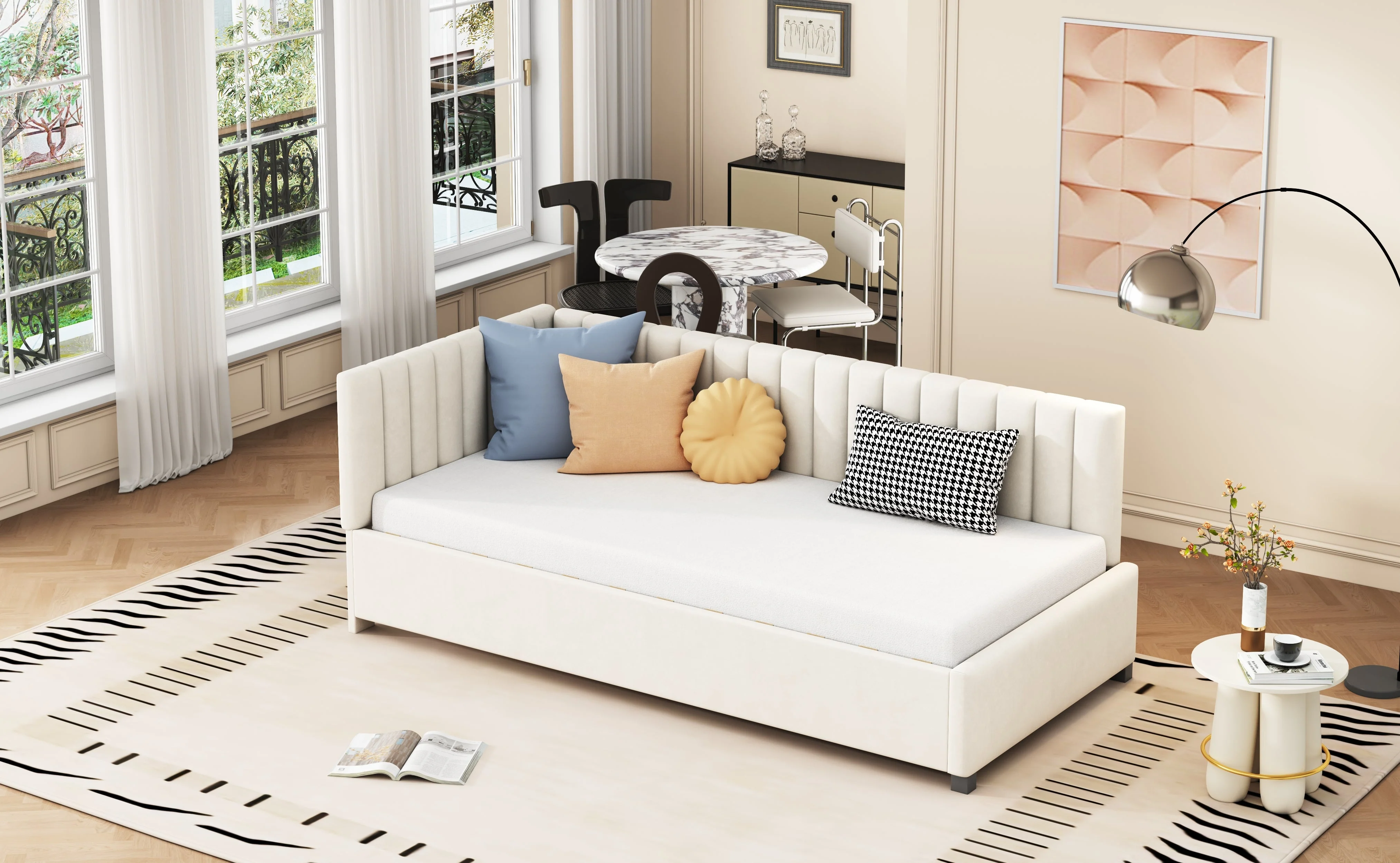 Upholstered Bed Sofa Bed, 90x200 Multifunctional with Slatted Frame, Beige Velvet Fabric - Image 7