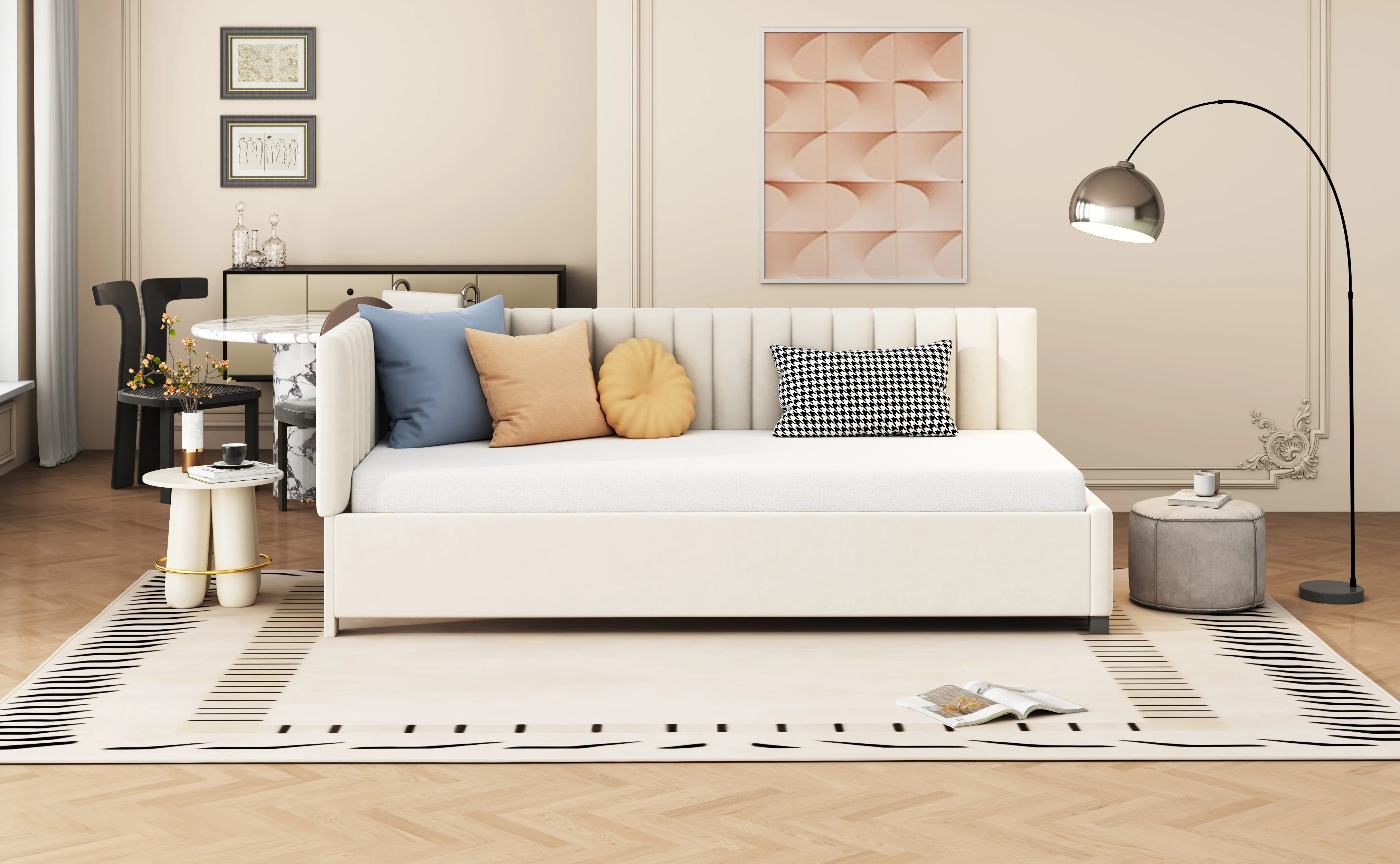 Upholstered Bed Sofa Bed, 90x200 Multifunctional with Slatted Frame, Beige Velvet Fabric - Image 9