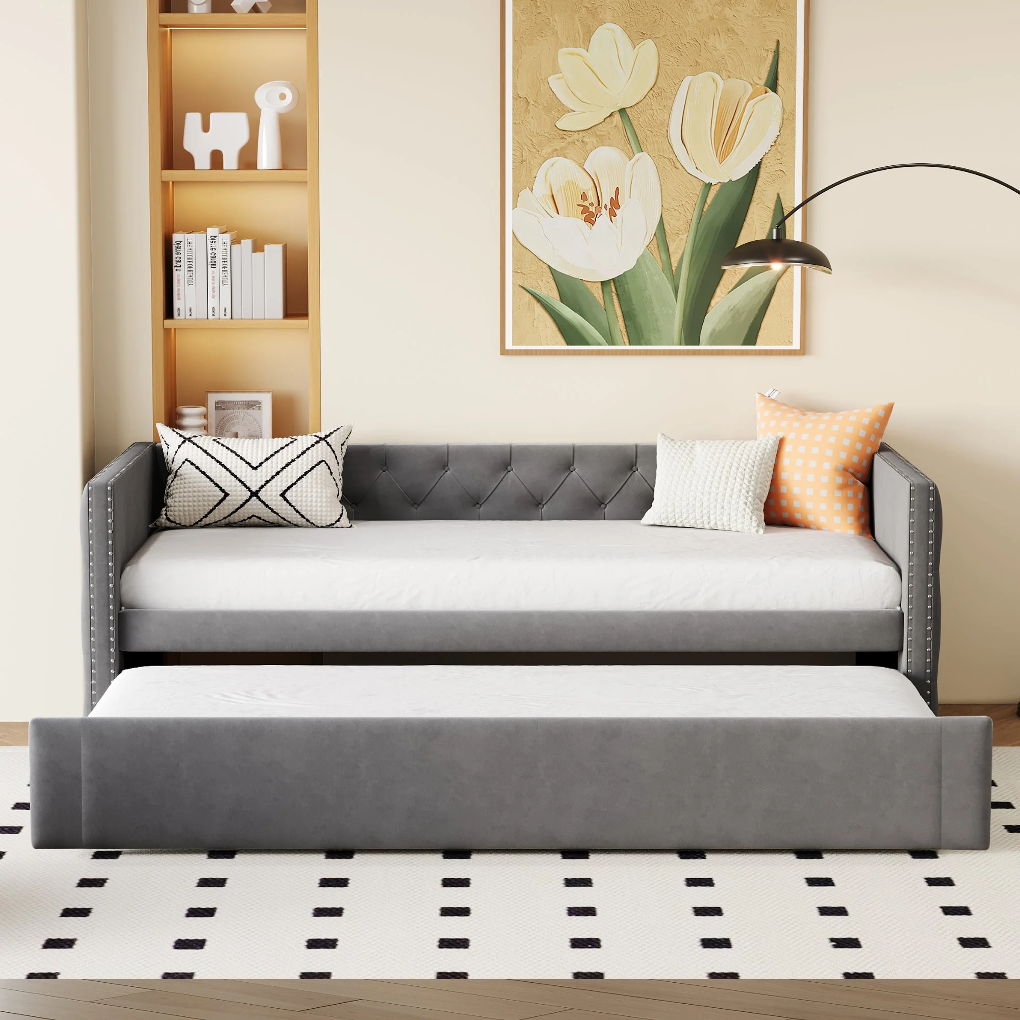 Upholstered Bed Sofa Bed, 90x200cm Multifunctional Guest, Grey Velvet - Image 4