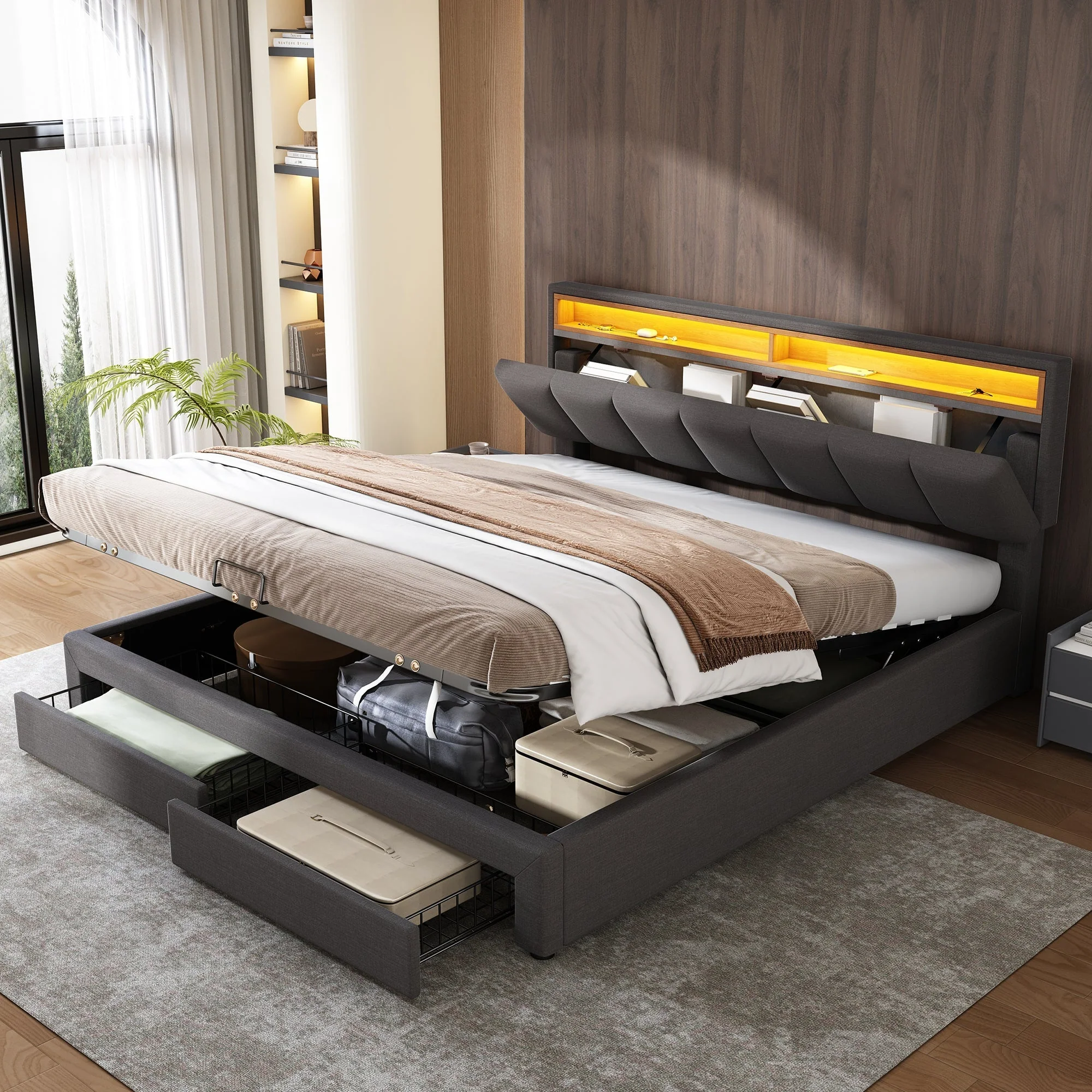 Upholstered Bed, Super King 6ft Hydraulic Storage with LED Lighting, Linen Grey - Image 3