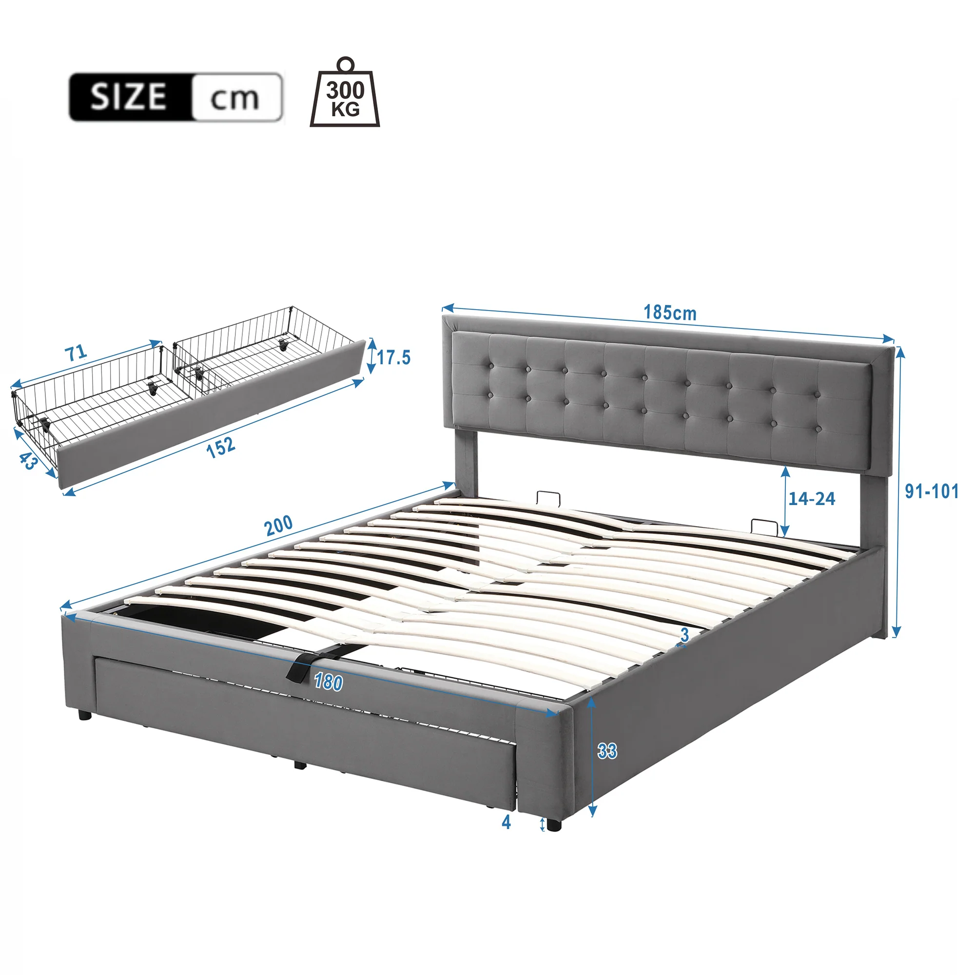 Upholstered Bed, Super King Size (180x200cm), with Large Storage & Slatted Headboard, Grey Velvet - Image 5