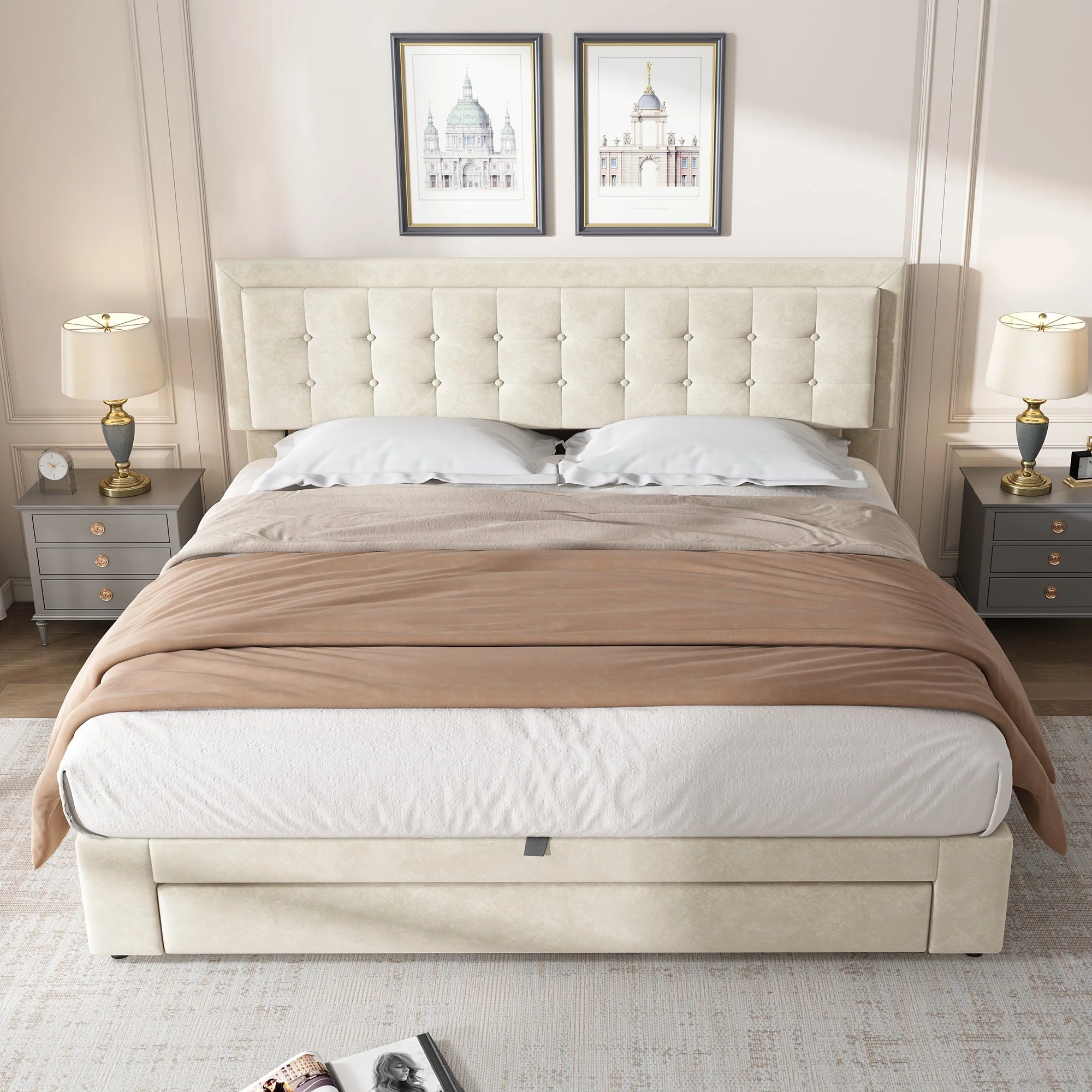 Upholstered Bed, Super King Size 6ft (180x200cm) with Storage, Slats and Headboard, Cream Velvet - Image 4