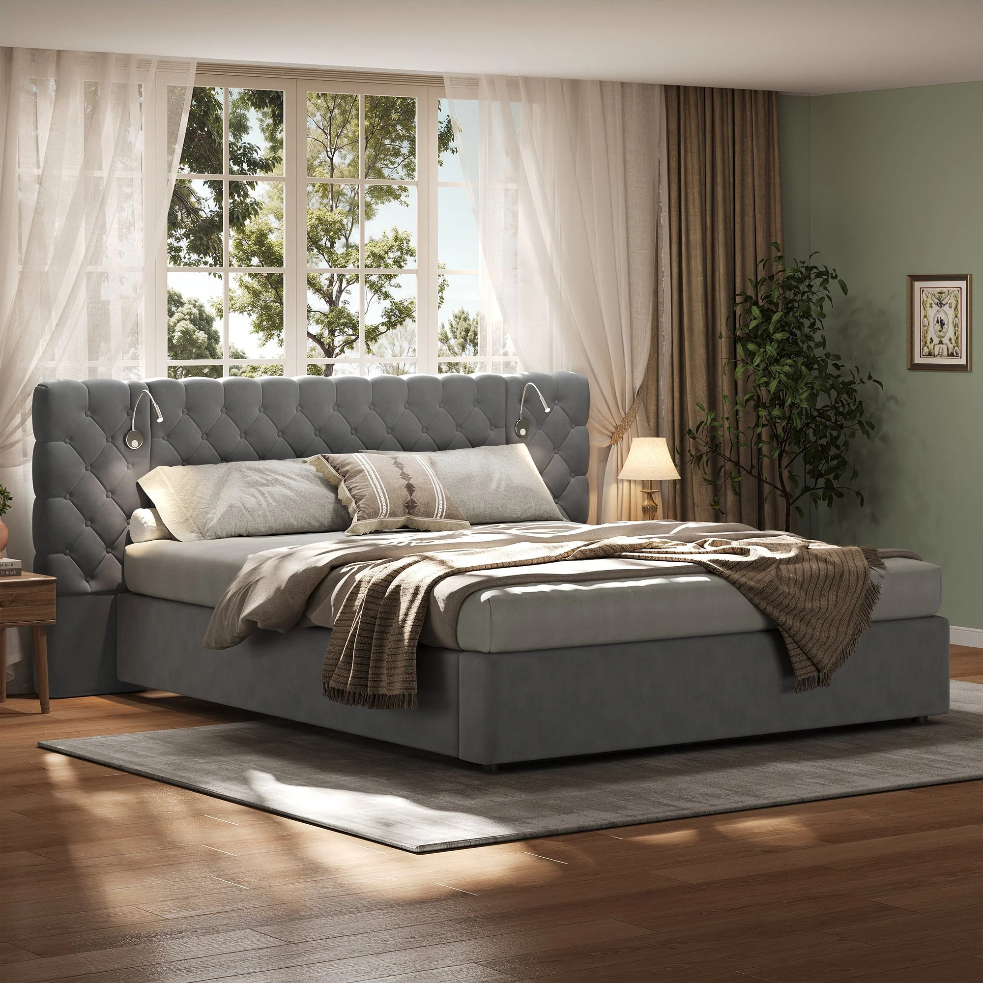 Upholstered Bed, Super King Size 6ft Hydraulic Storage Bed with Reading Light and Wide Headboard, Velvet, Grey - Image 2