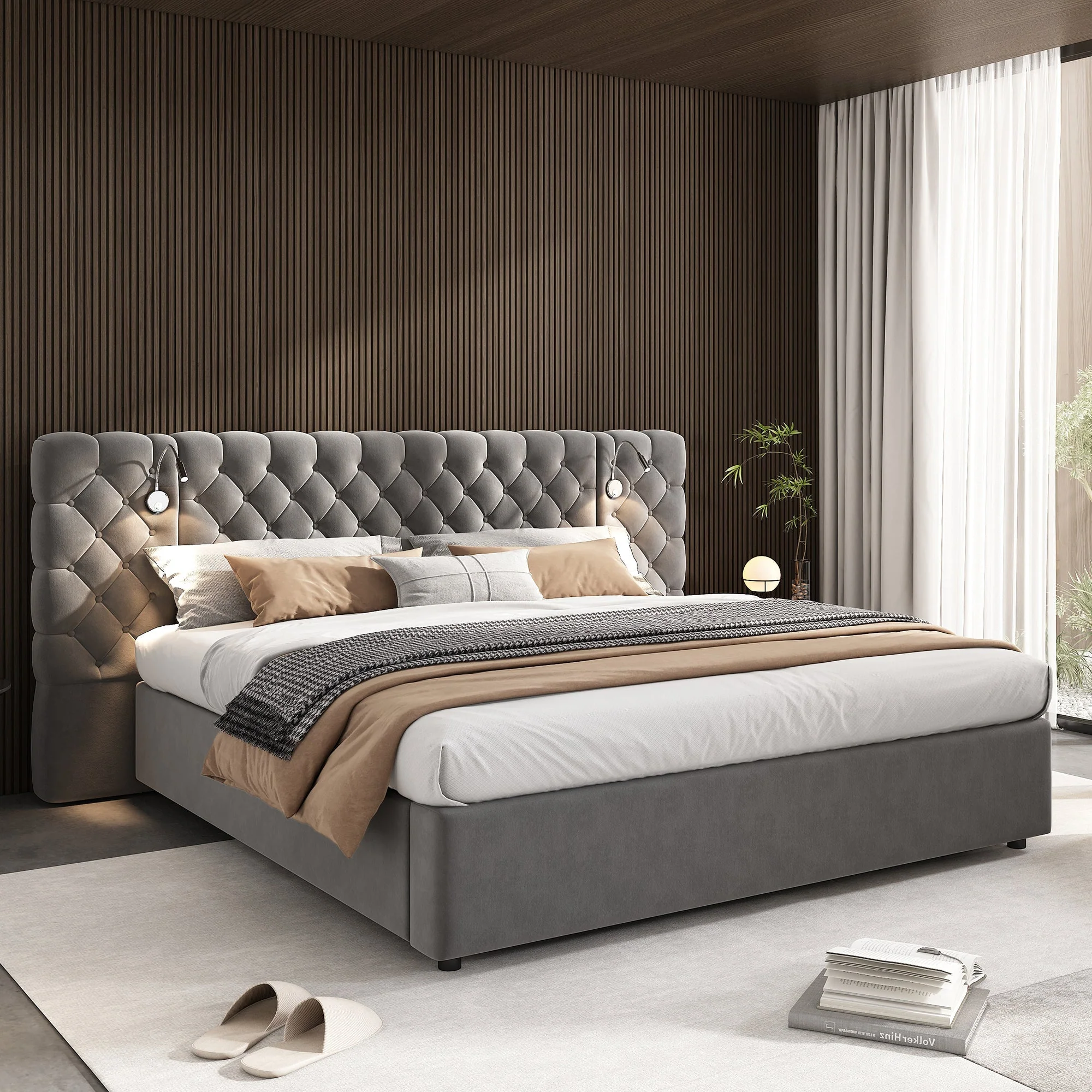Upholstered Bed, Super King Size 6ft Hydraulic Storage Bed with Reading Light and Wide Headboard, Velvet, Grey - Image 5