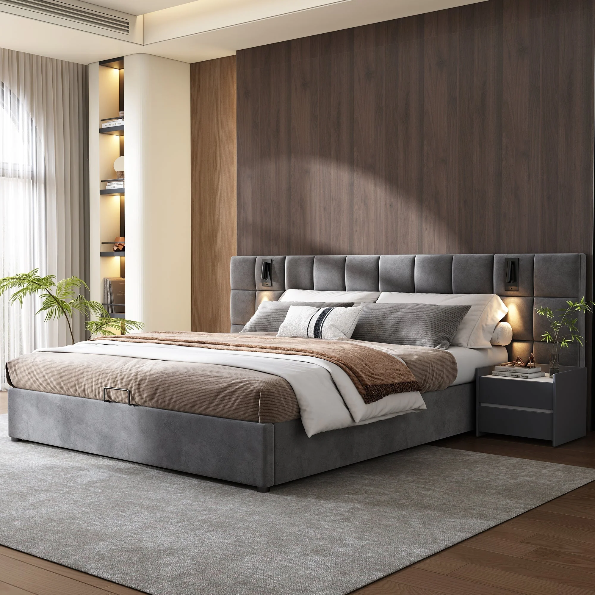 Upholstered Bed Super King Size 6ft Hydraulic Storage with Lamp and USB Charging Velvet Grey - Image 4