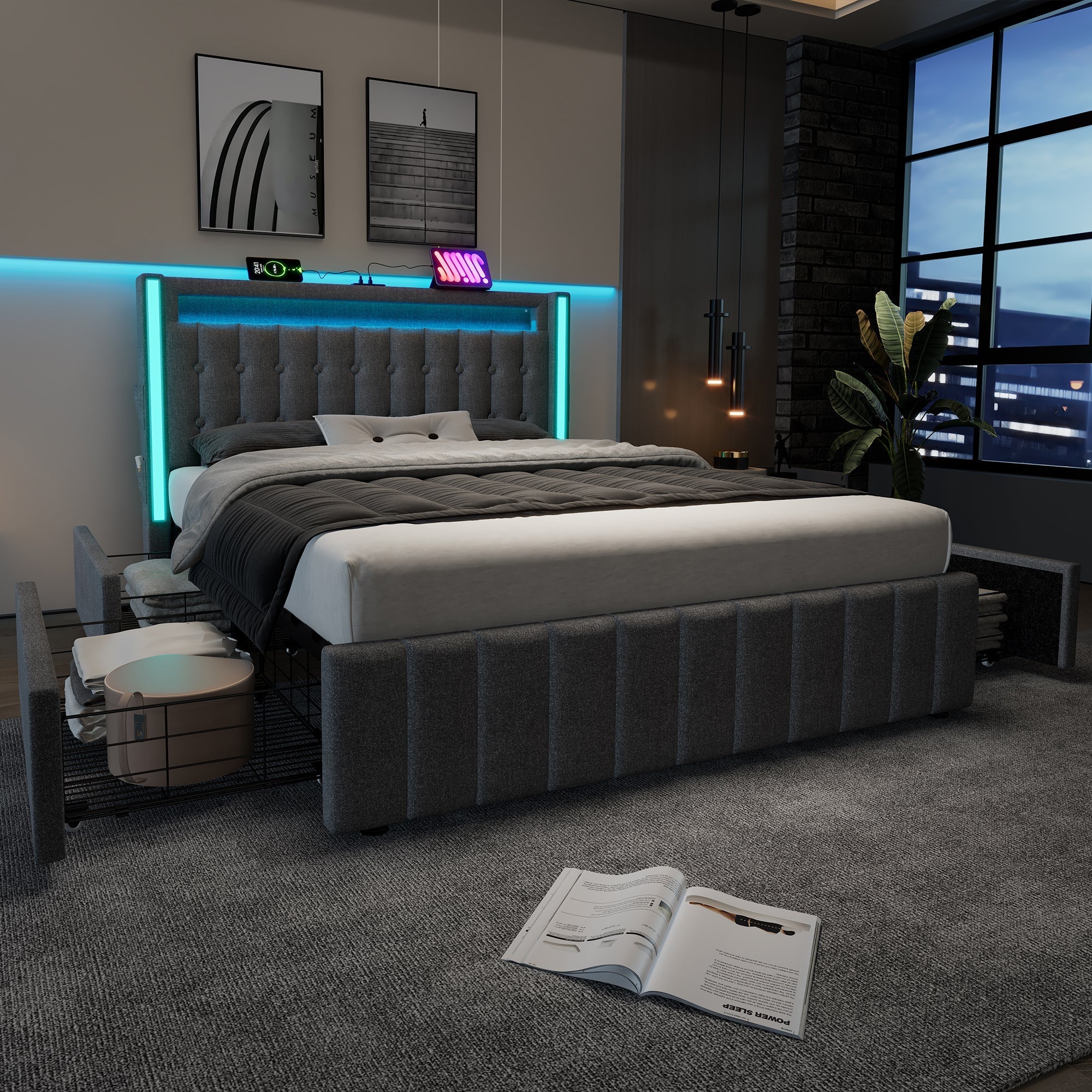 Upholstered Bed, USB C LED 4-Drawer, 160x200cm, Wood Frame, Gray - Image 10